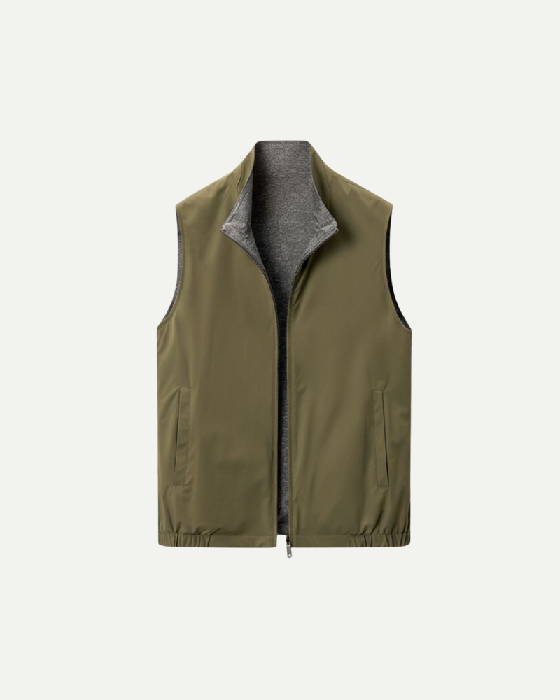 Olive green reversible zip-up vest for men with stand collar, front view product image
