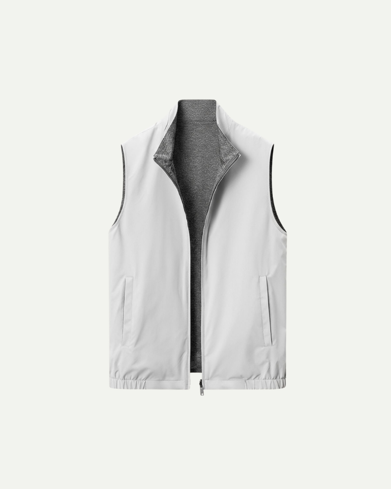 Light gray reversible zip-up vest for men with stand collar, front view product image
