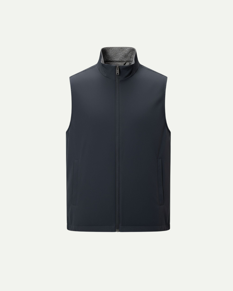 Navy blue reversible zip-up vest for men with stand collar, front view product image
