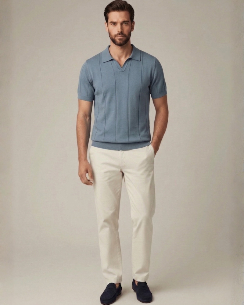 man wearing Light blue ribbed knit polo shirt men smart casual summer outfit
