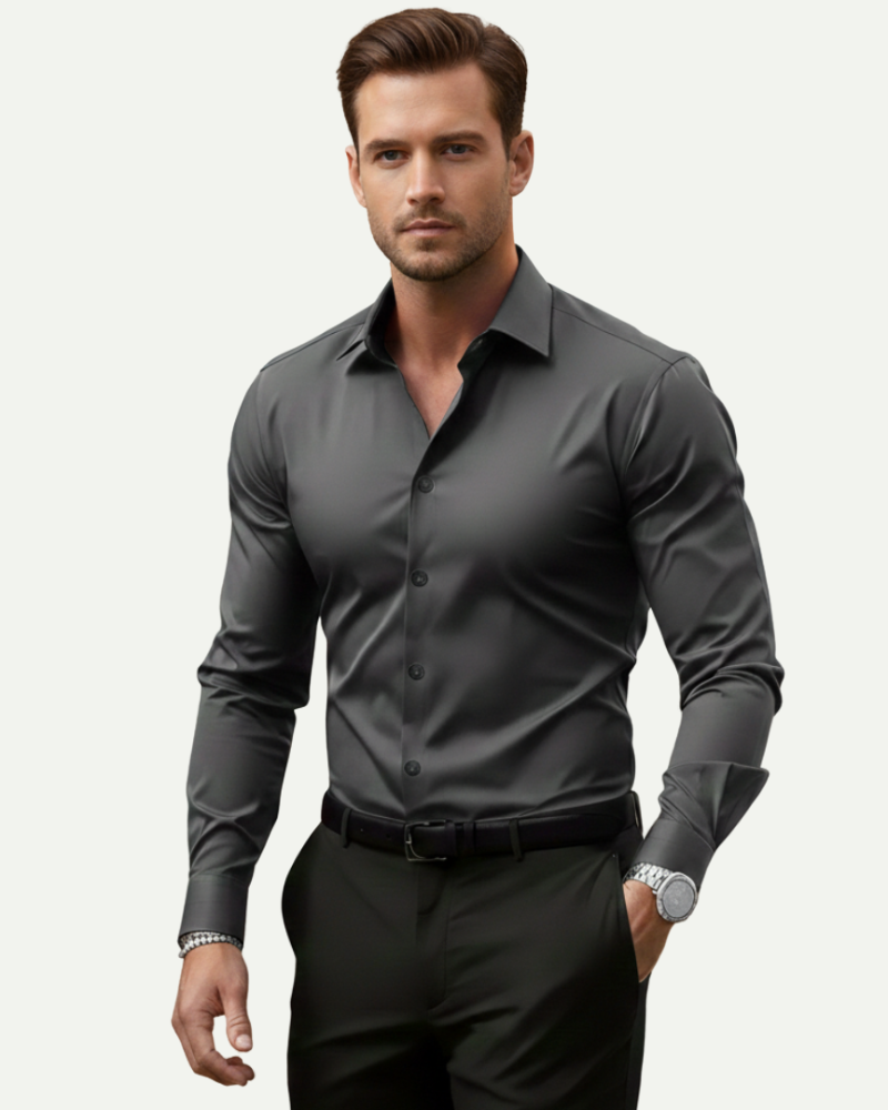 male model wearing grey slim fit dress shirt formal style Lubomirske

