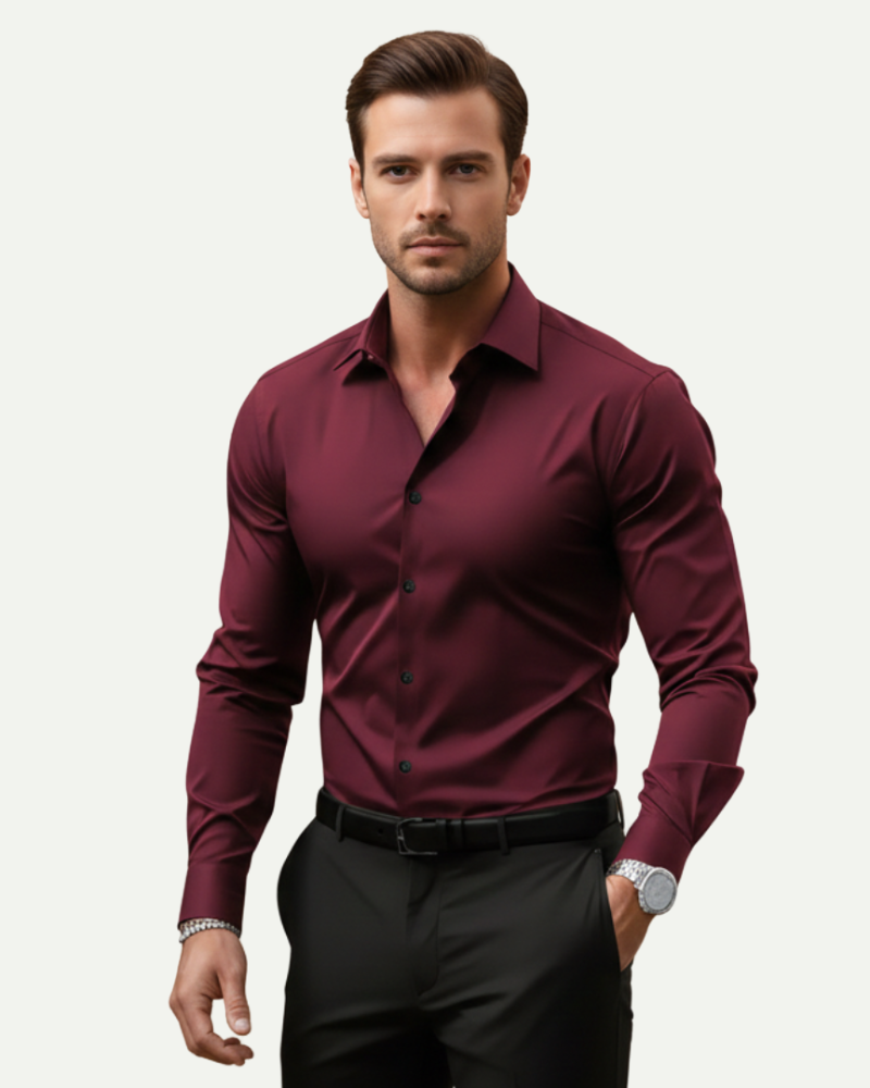 male model wearing burgundy slim fit dress shirt front view formal style Lubomirske
