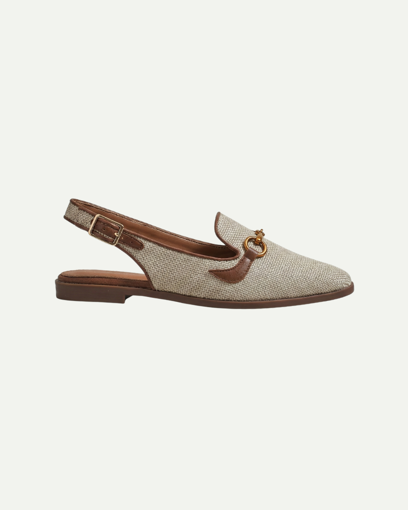 Women’s beige slingback flats with almond toe and gold horsebit detail by Aveloire