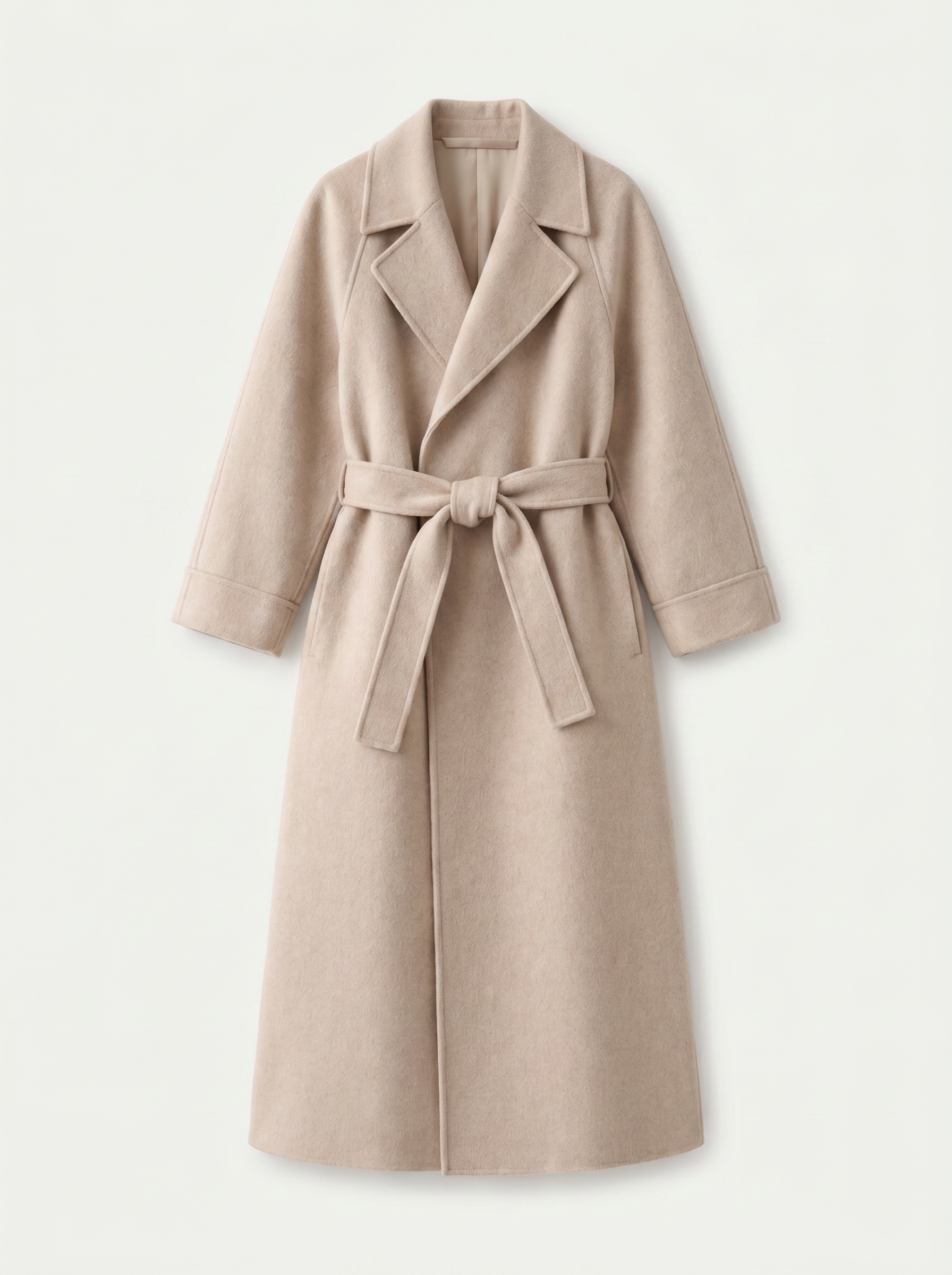 Beige belted wool wrap coat flat lay