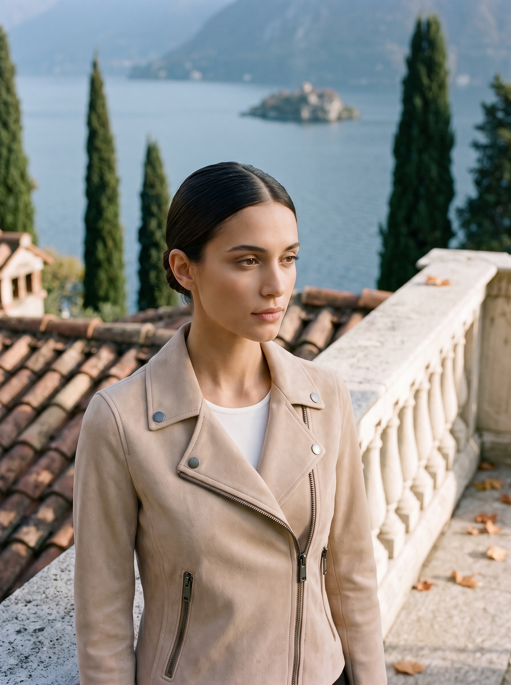 Beige suede jacket for women, cropped moto biker worn on a Lake Como terrace — Aveloire