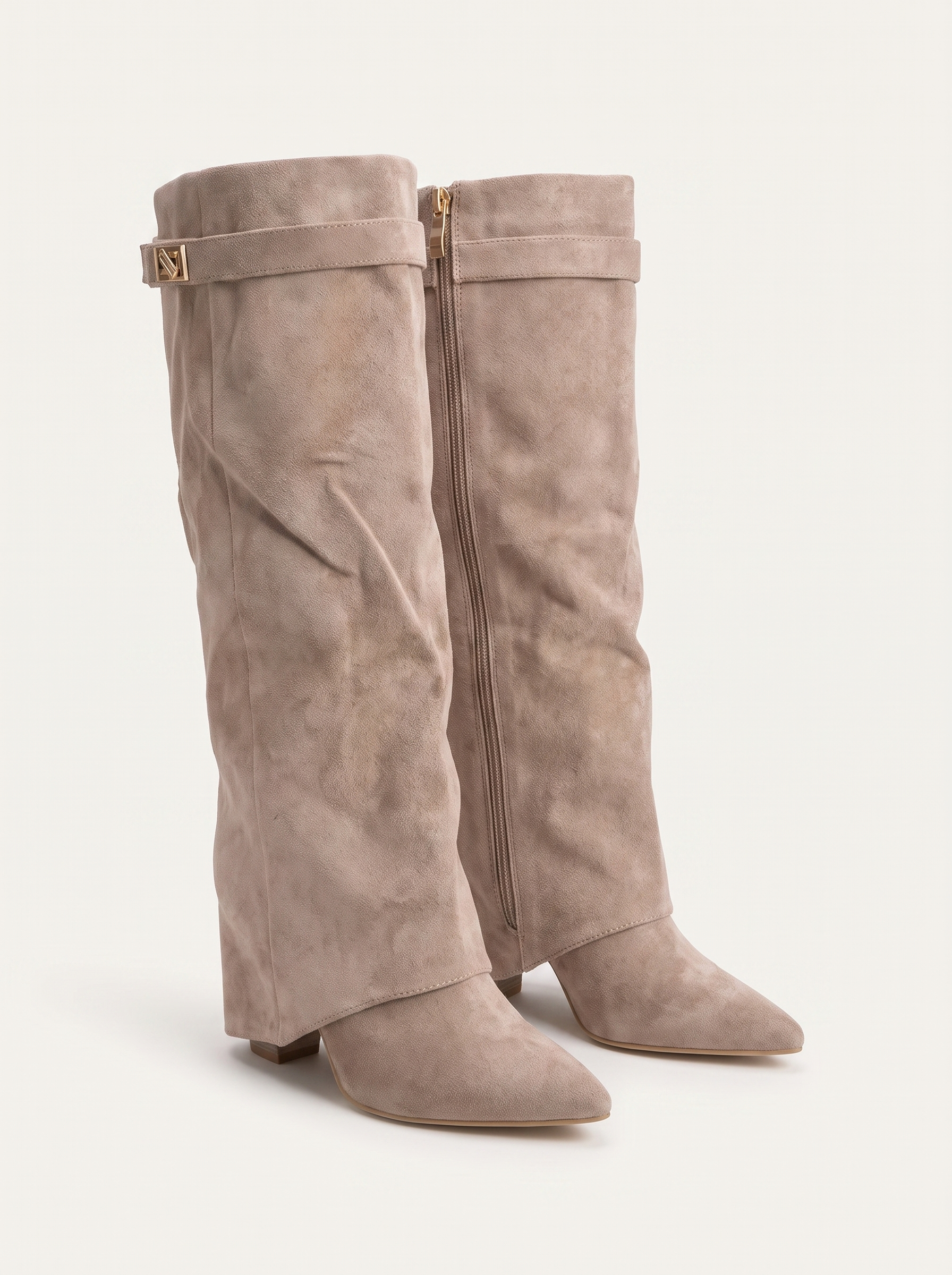 Taupe suede knee high boots for women, fold over cuff and high wedge heel — Aveloire