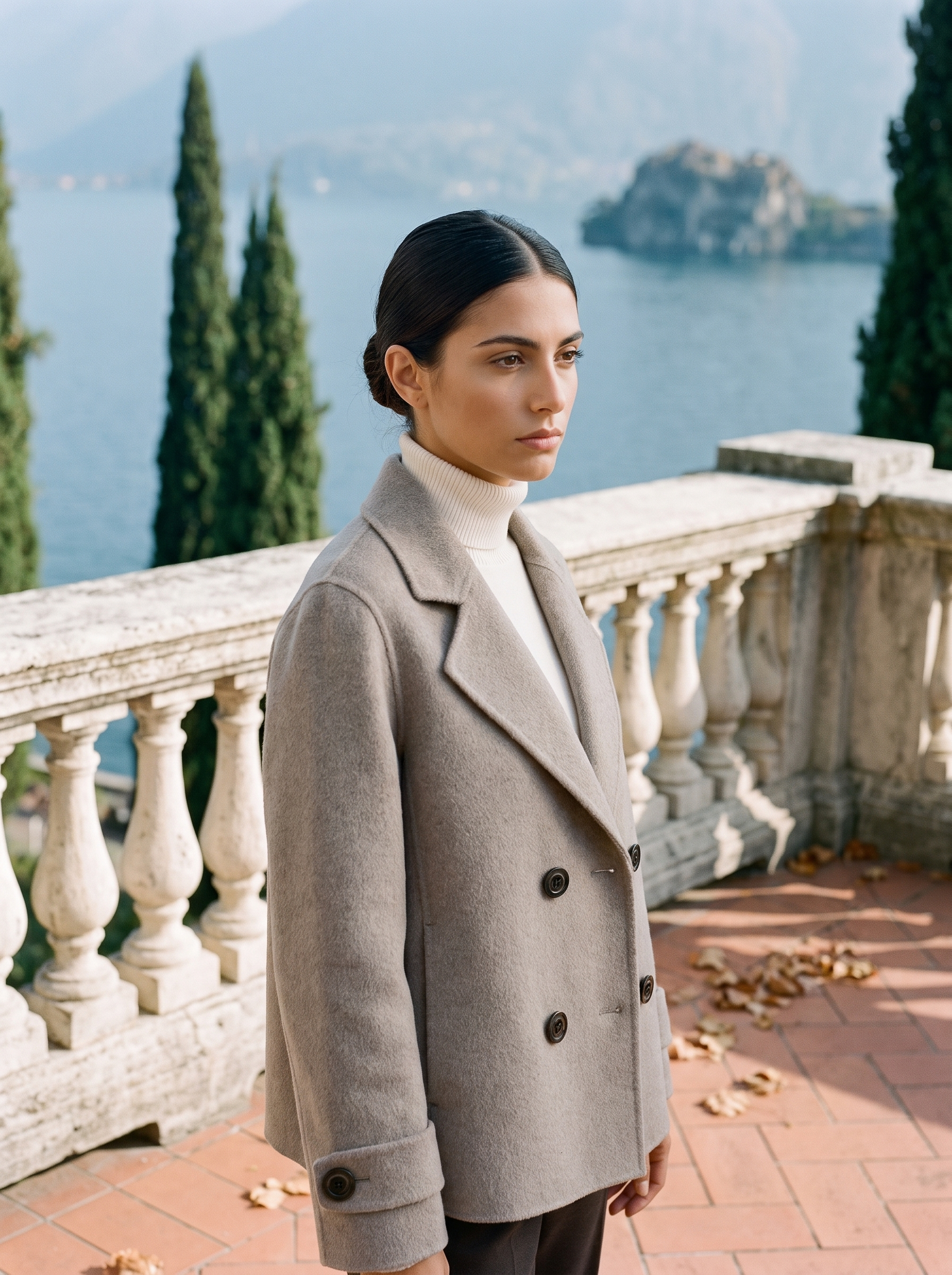 Oatmeal ladies overcoat, double breasted, worn on a Lake Como terrace — Aveloire