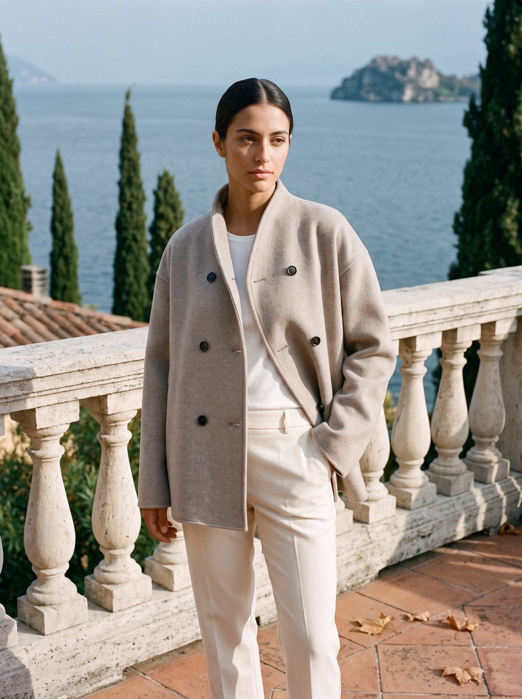 Oatmeal double breasted wool coat for women, full length front view — Aveloire