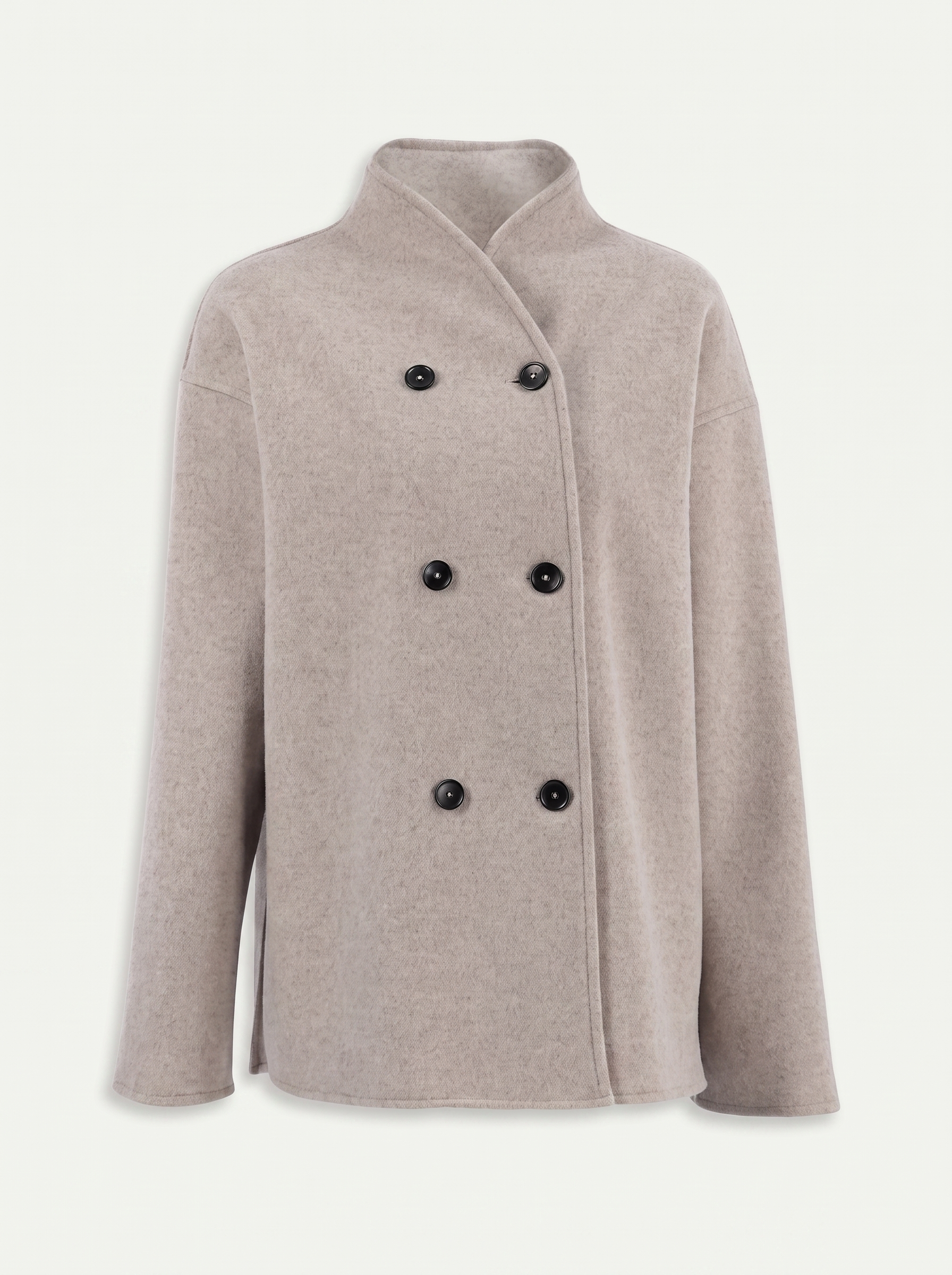 Oatmeal double breasted wool coat for women, flat lay — Aveloire