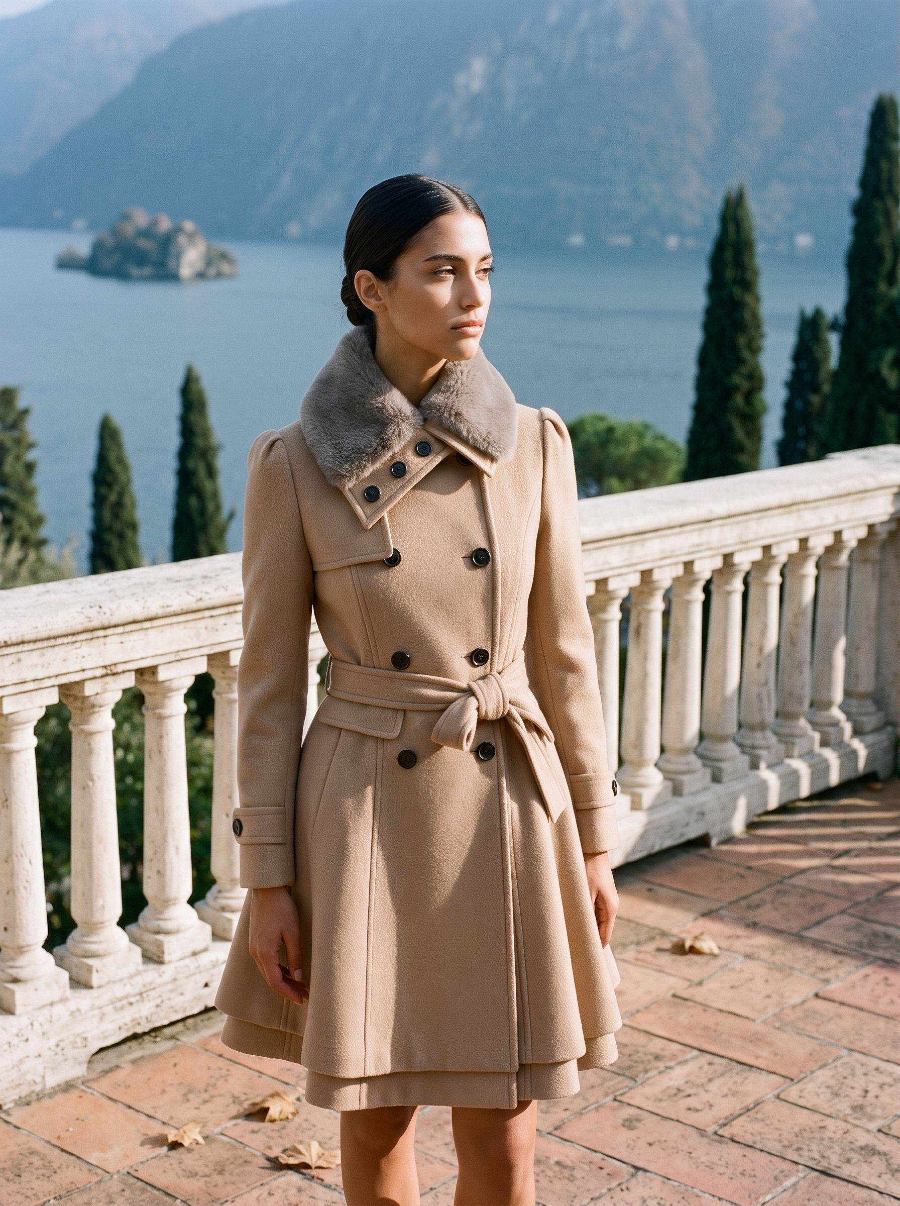 Camel faux fur collar coat for women, full length front view — Aveloire