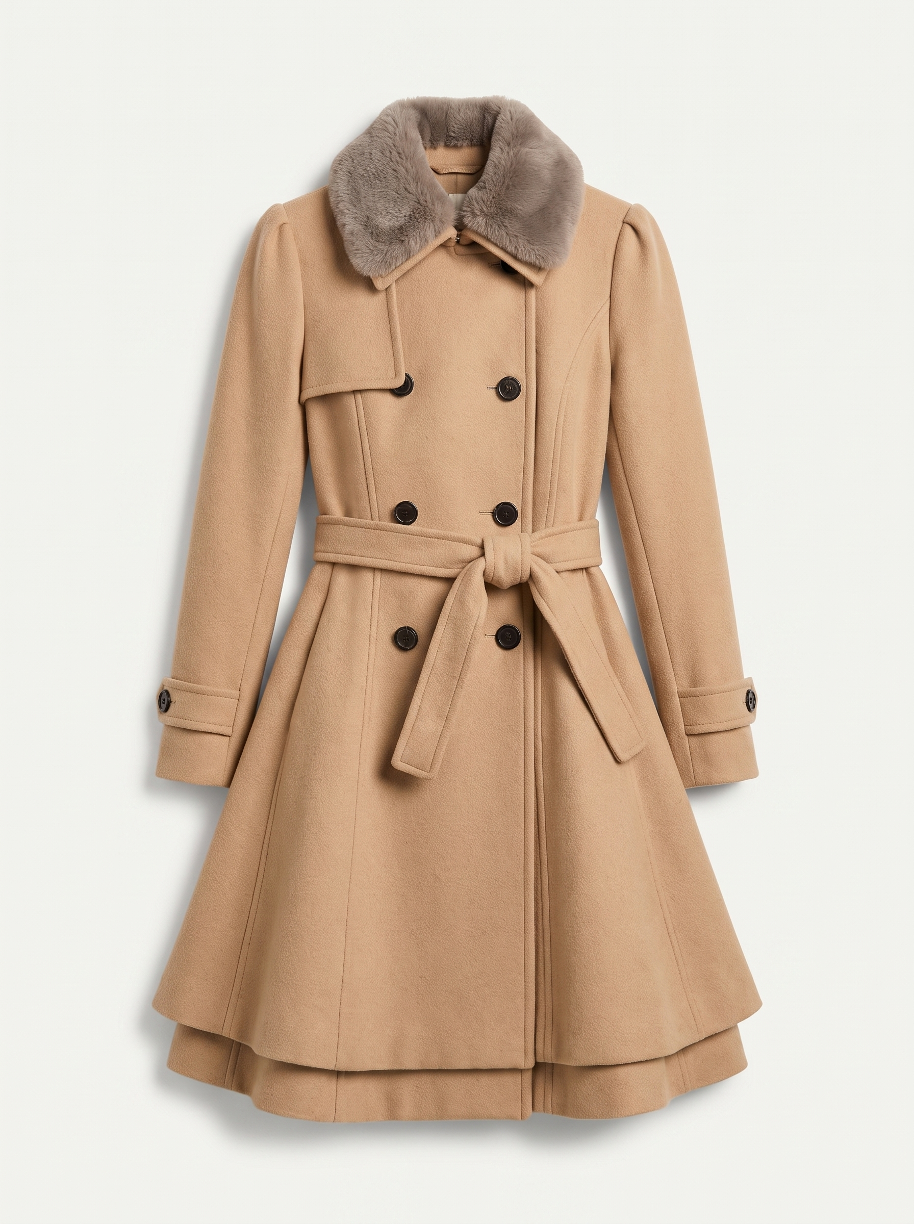 Camel faux fur collar coat for women, flat lay — Aveloire