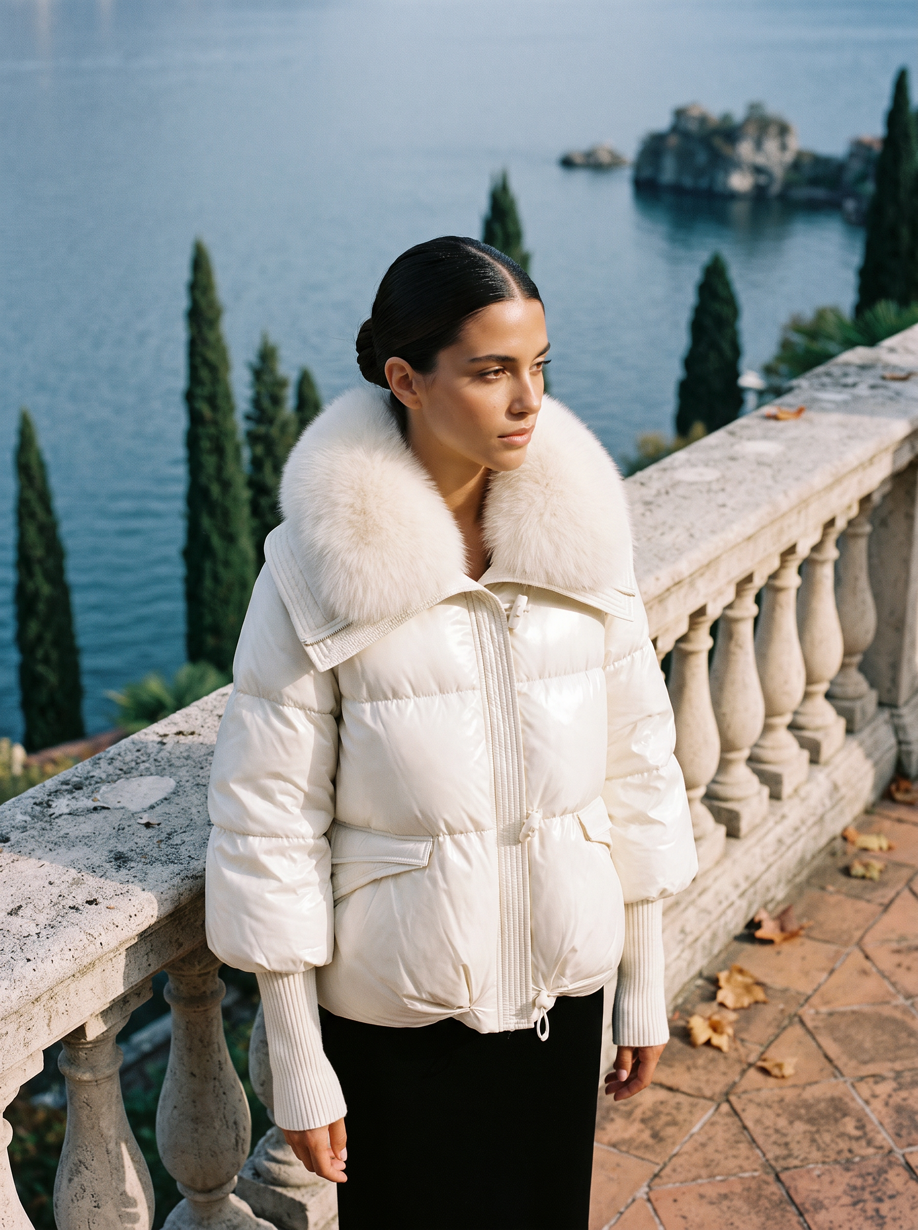 Cream faux fur collar puffer jacket for women, worn on a Lake Como terrace — Aveloire