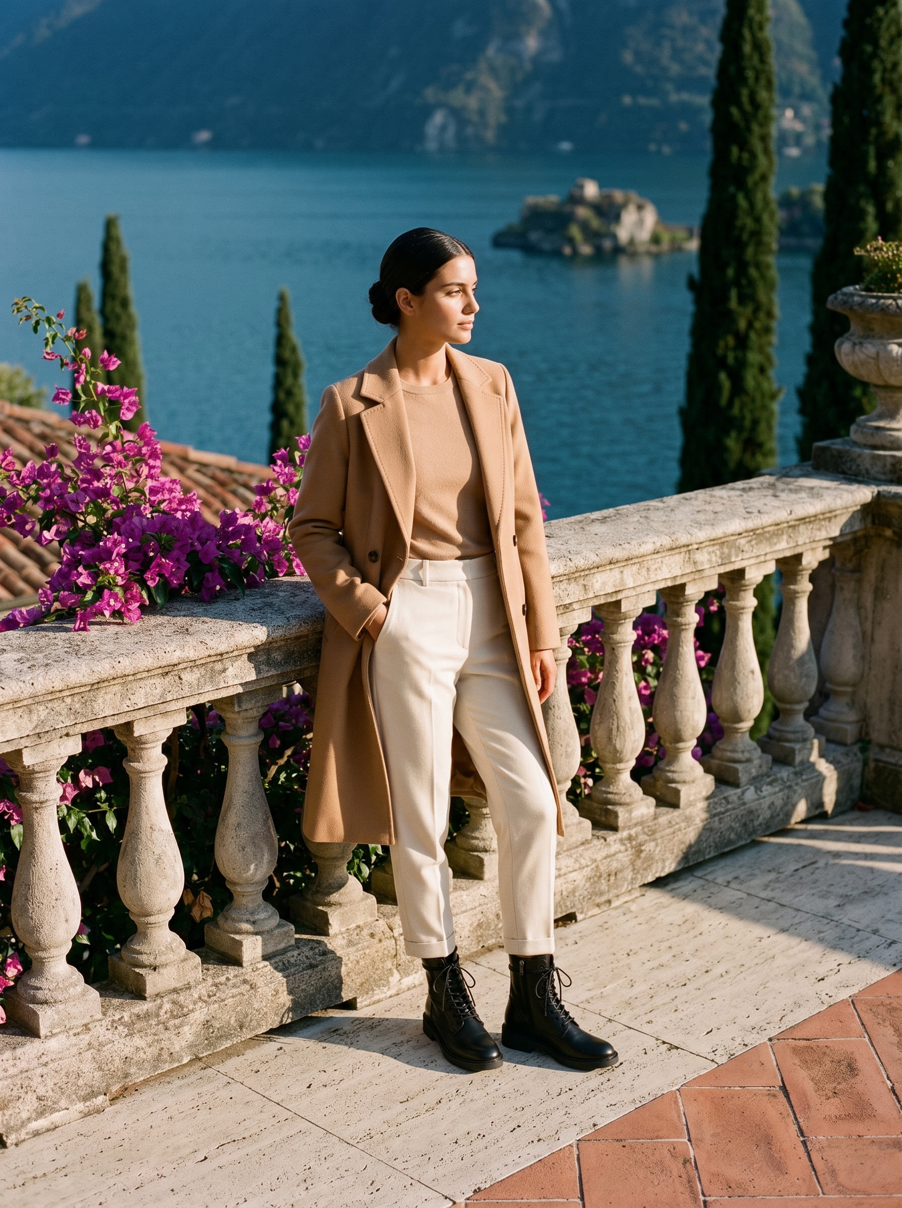 Woman in a camel coat and cream trousers wearing black lace-up combat ankle boots on a Lake Como terrace — Aveloire