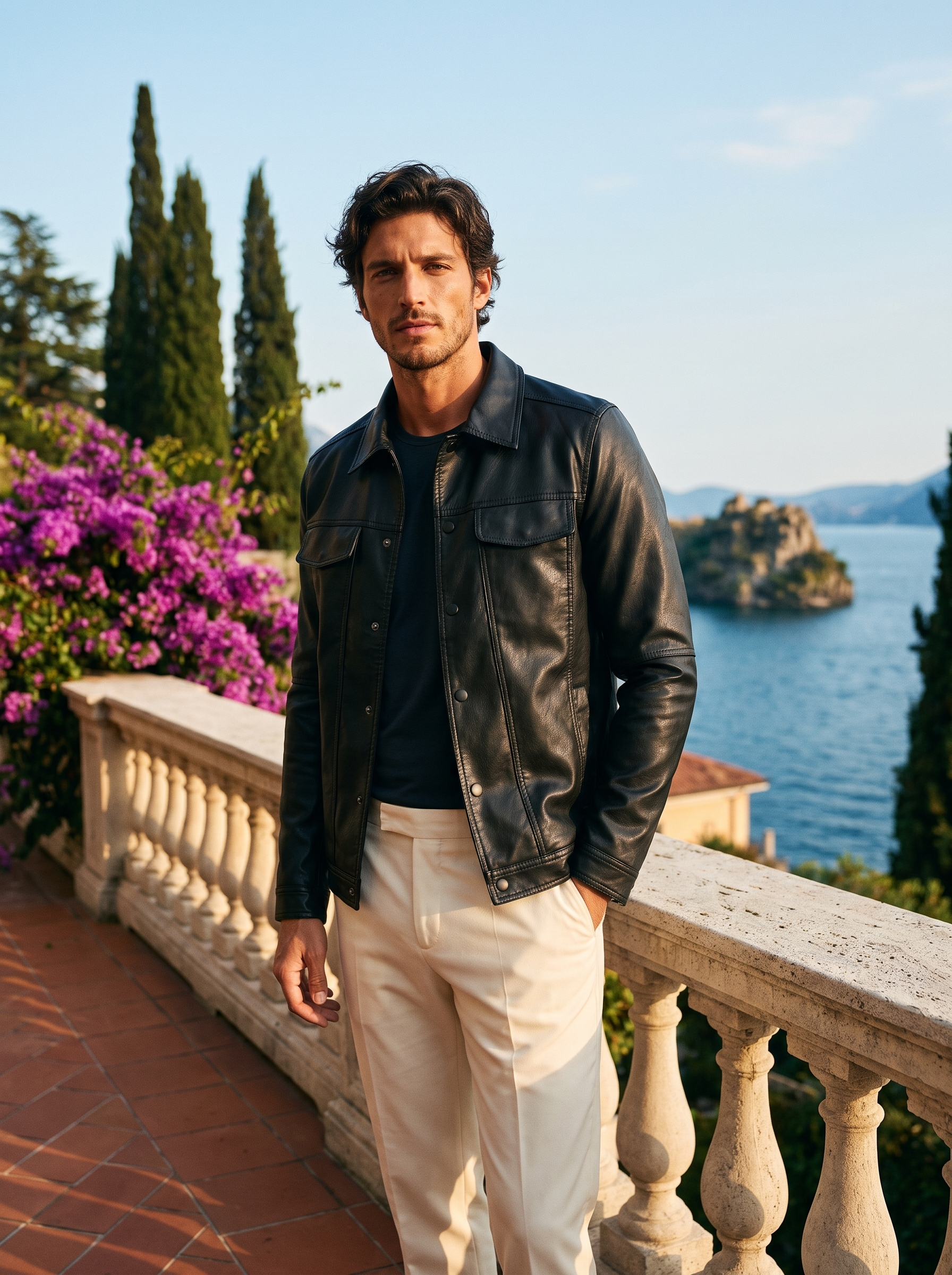 Black leather trucker jacket full body front view — Aveloire
