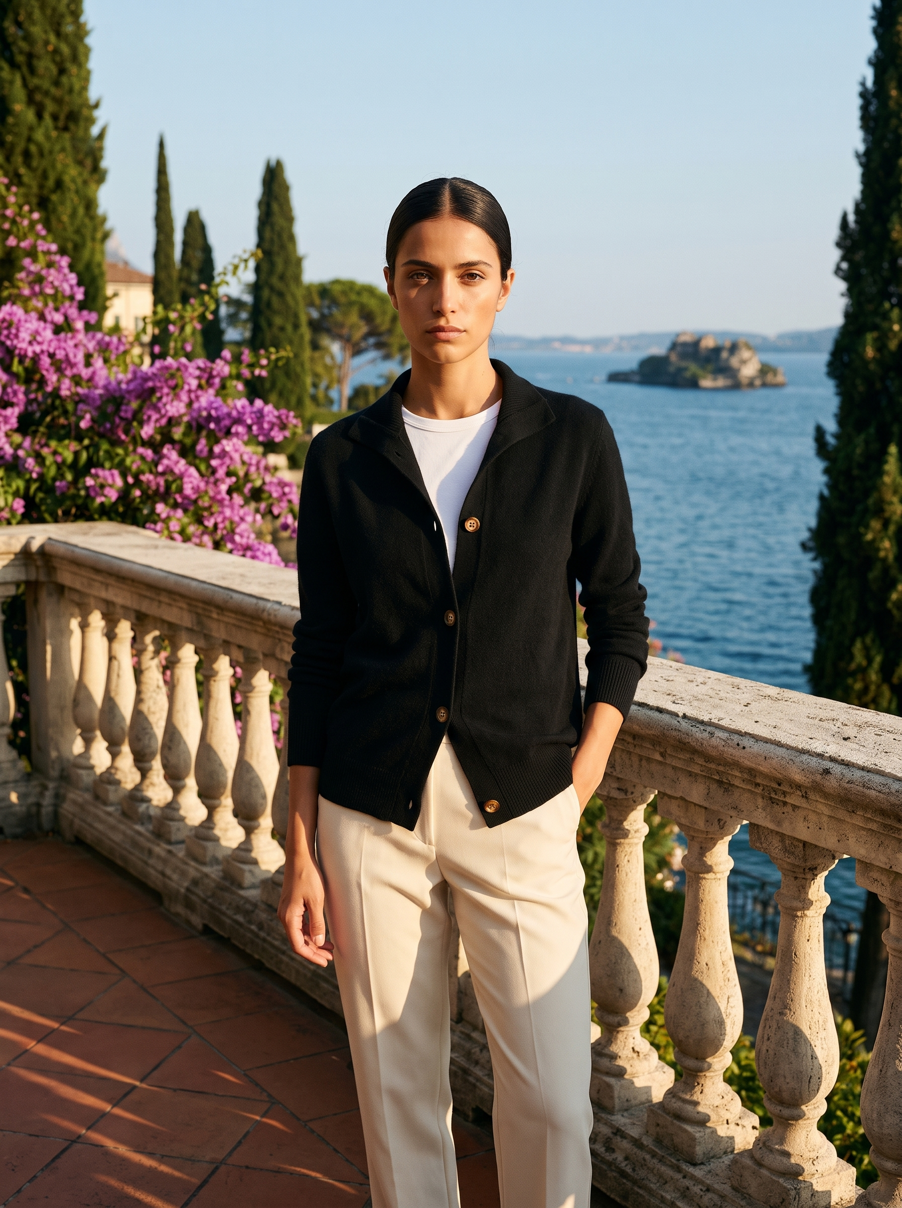 Black stand-collar cardigan, full body front view on a Lake Como terrace — Aveloire