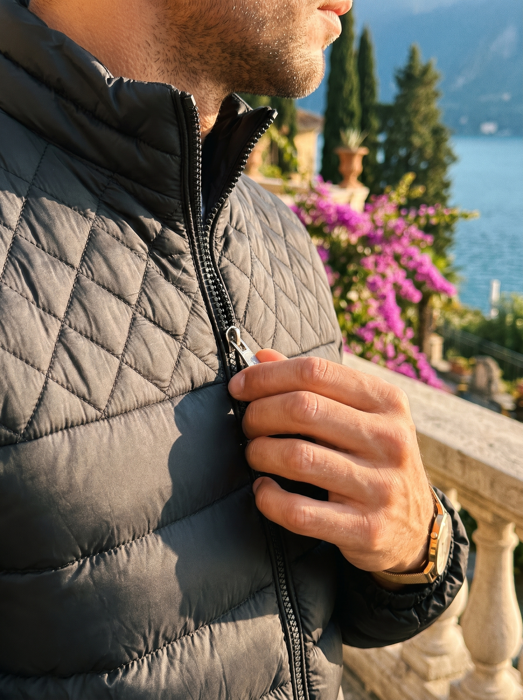 Black stand collar puffer jacket collar quilting detail — Aveloire