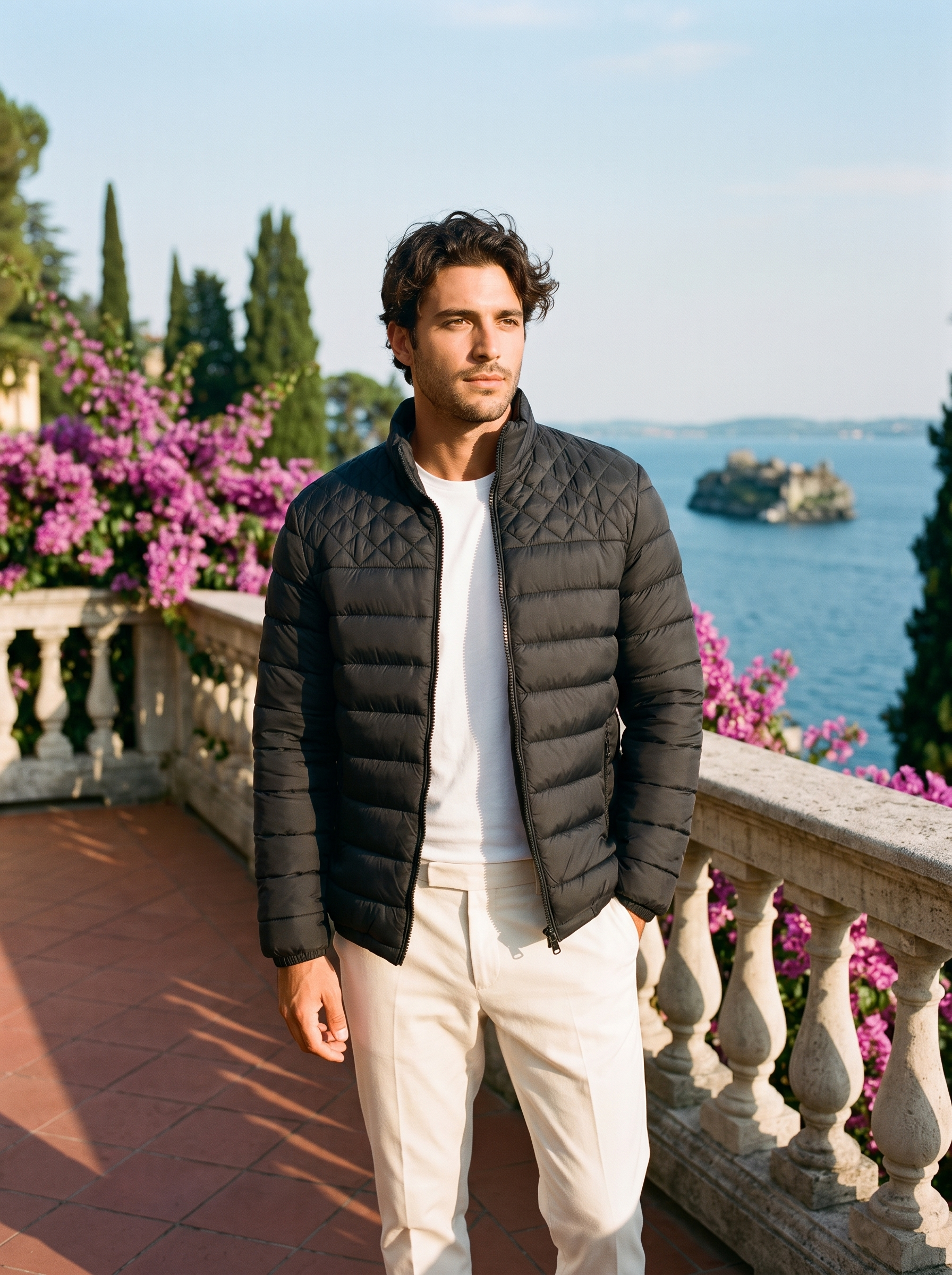 Black stand collar puffer jacket full body front view — Aveloire