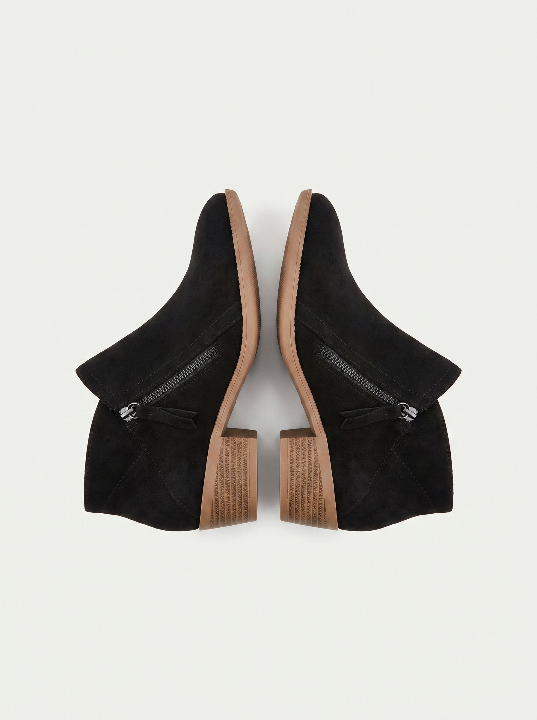 Black suede side zip ankle boots flat lay product photo — Mona by Aveloire