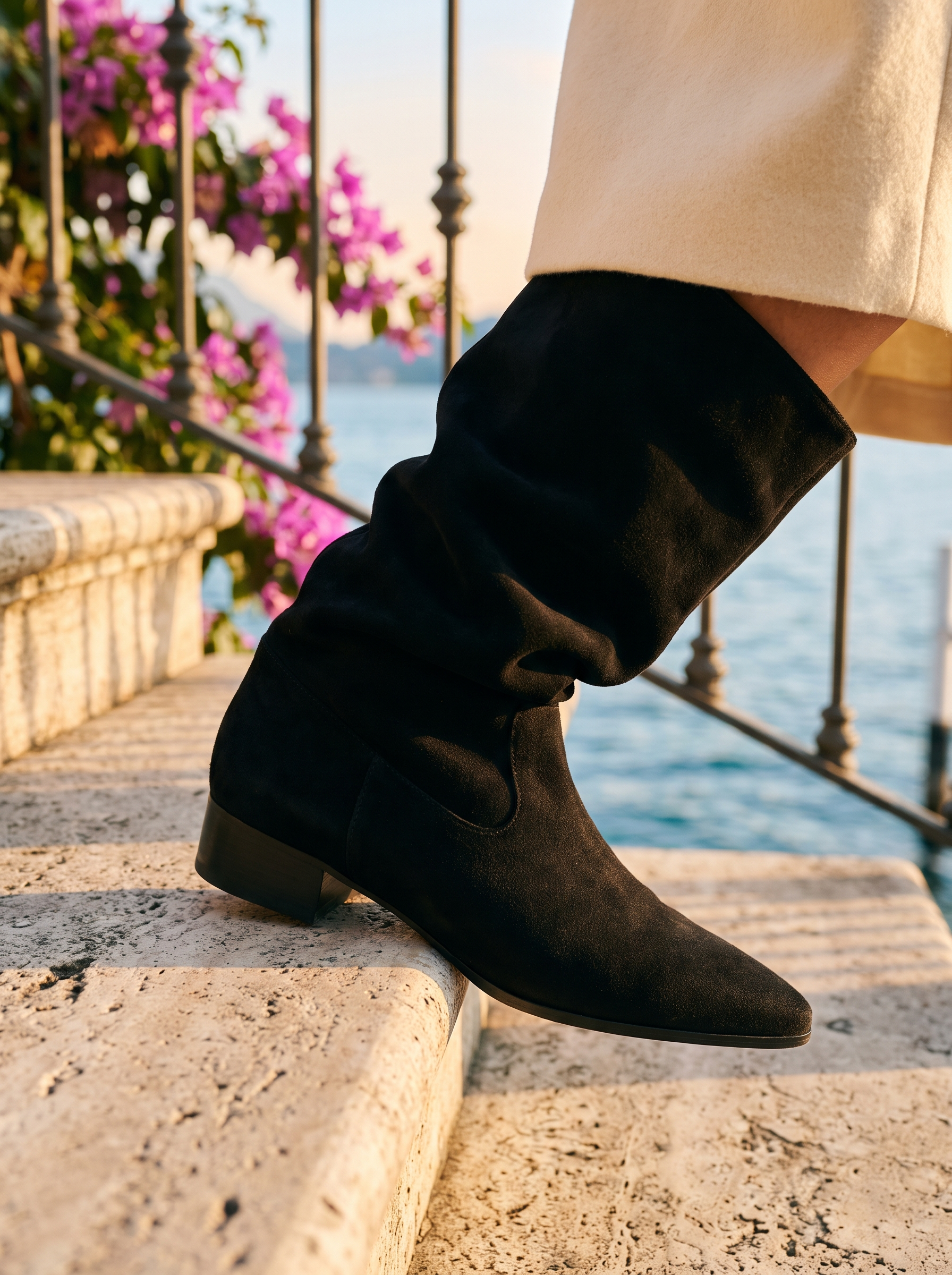 Detail of pointed toe and slouch folds on black suede-look boot