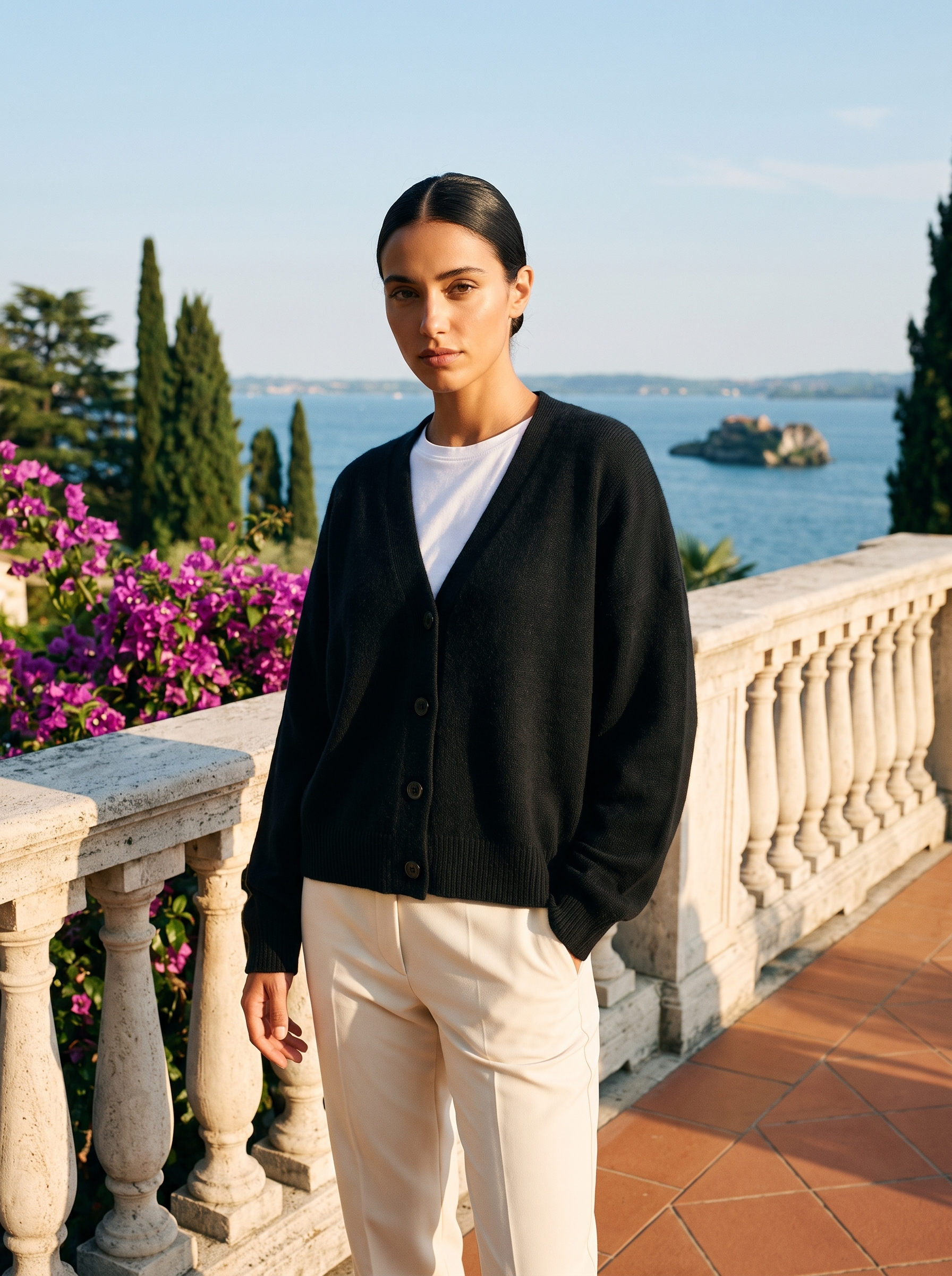 Black V-neck cardigan, full body front view on a Lake Como terrace — Aveloire
