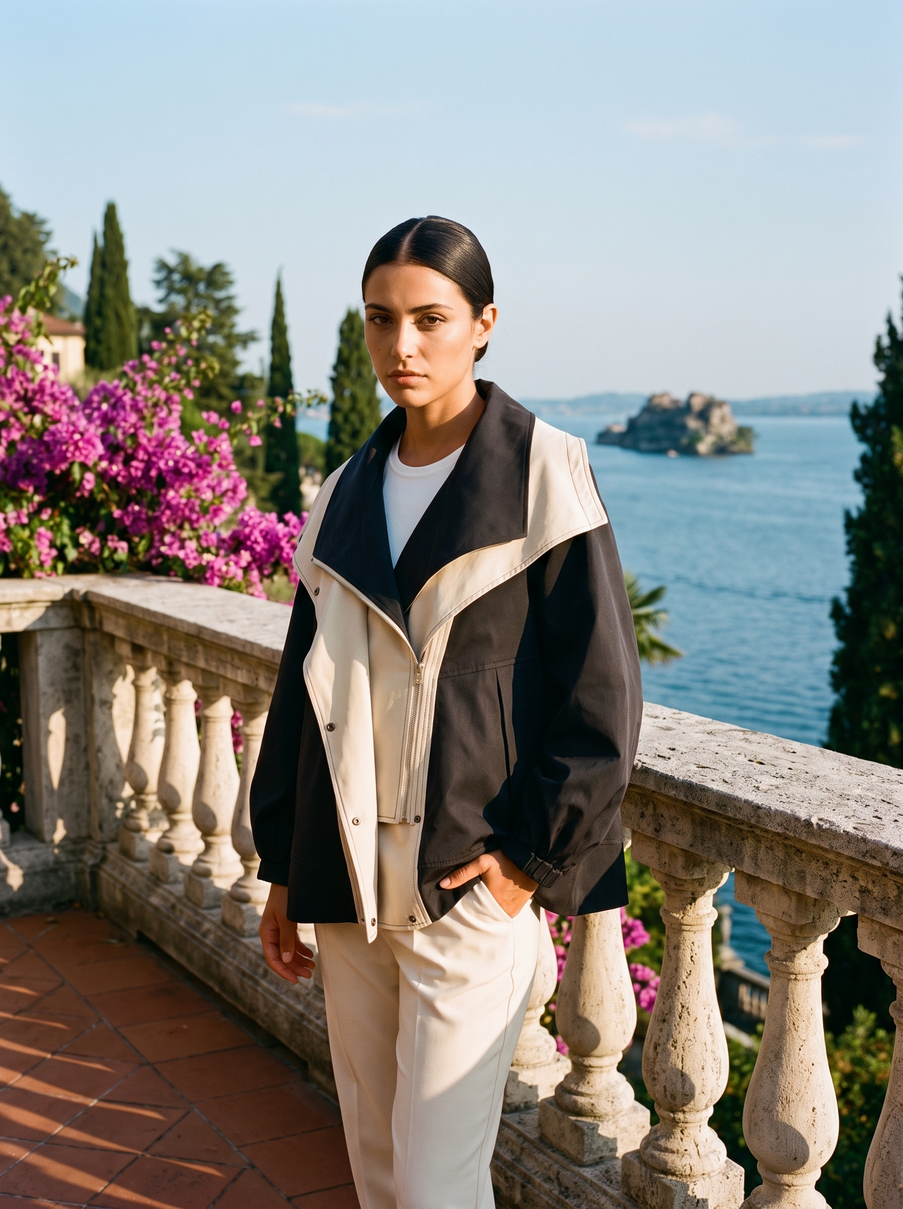 Black windbreaker jacket, full body front view on a Lake Como terrace — Aveloire