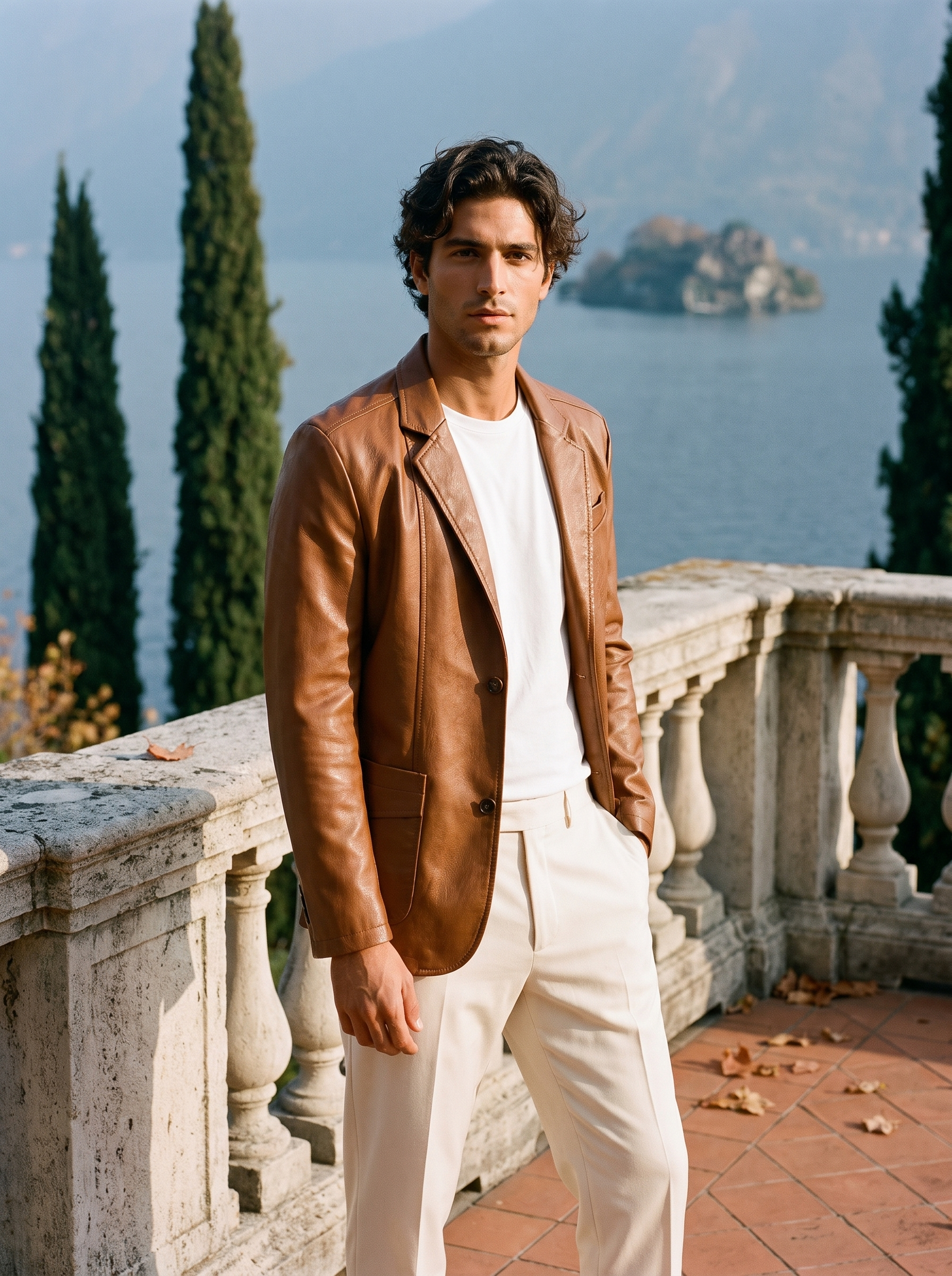 Cognac leather blazer jacket for men, front product shot — Aveloire