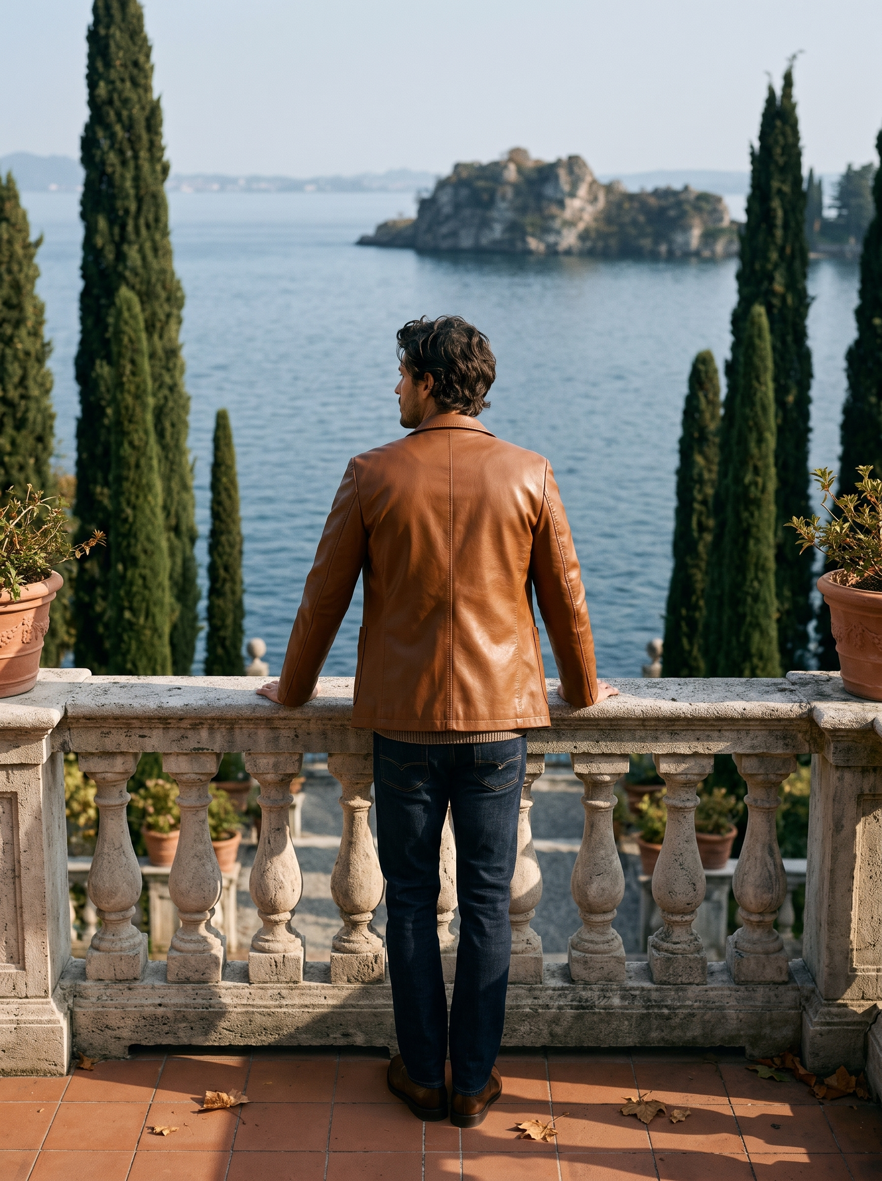 Cognac leather blazer jacket for men, back product shot — Aveloire