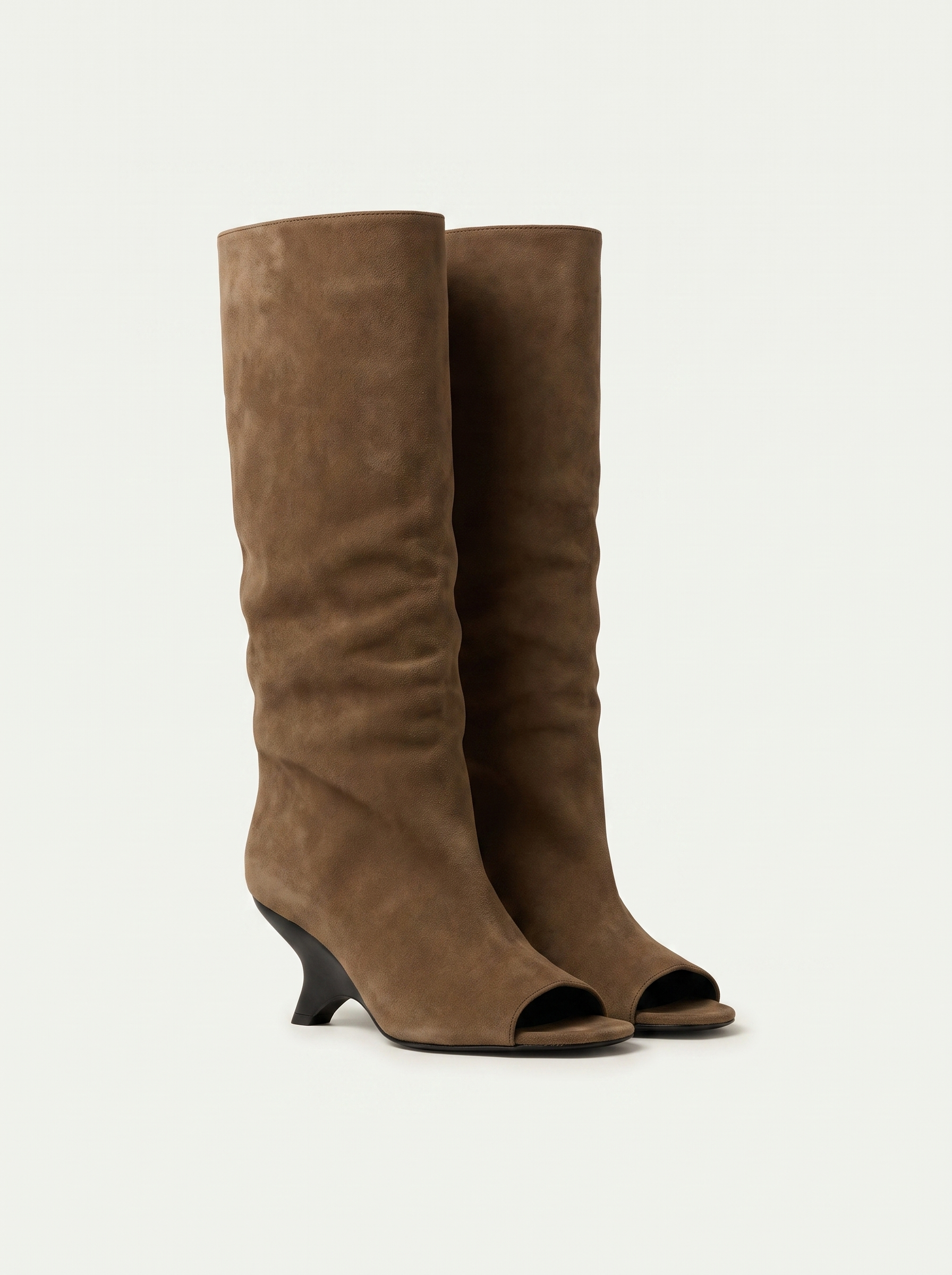 Brown peep toe knee high boots for women, full length product shot — Aveloire
