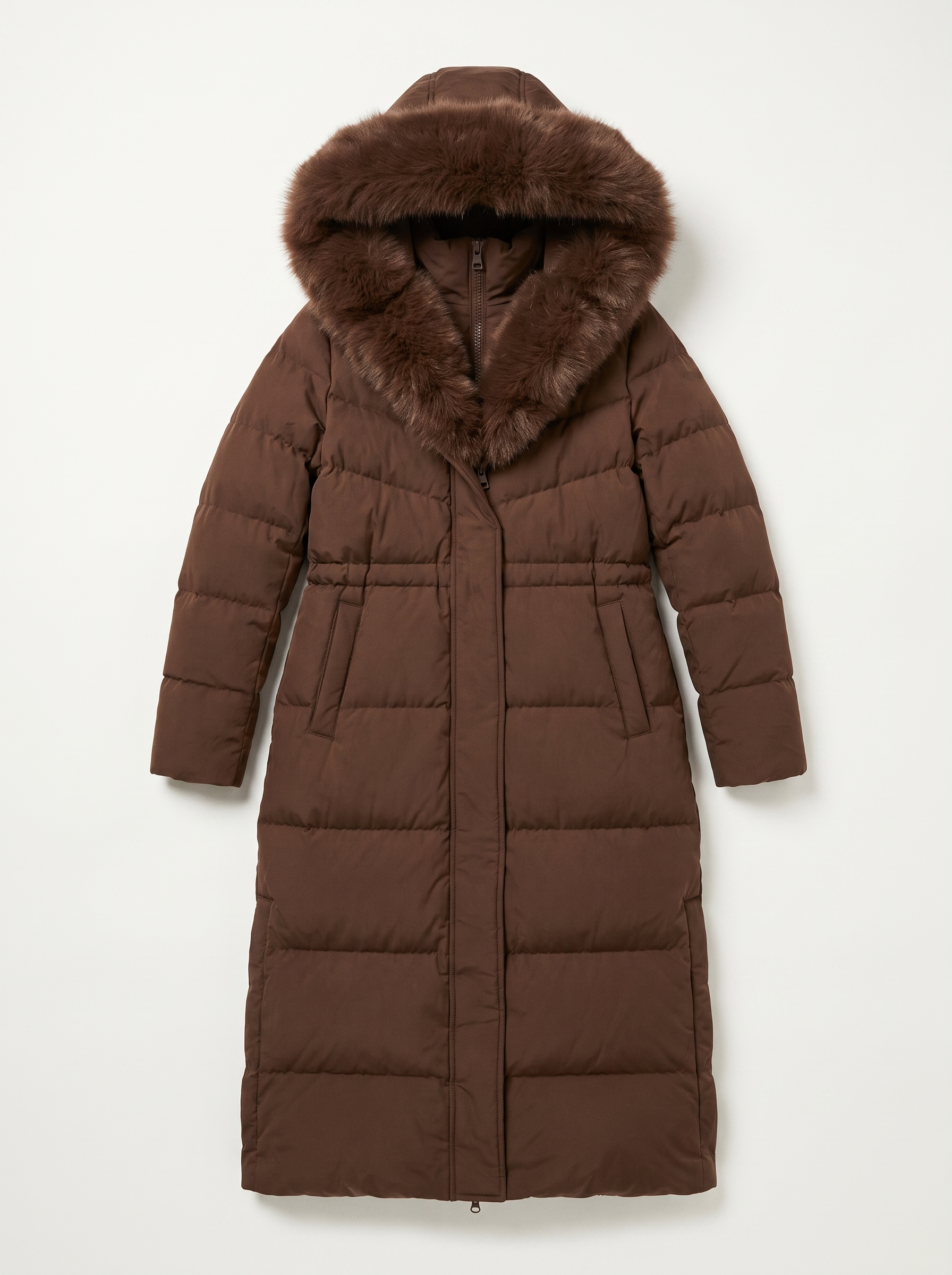 Brown fur-hood longline puffer coat flat lay