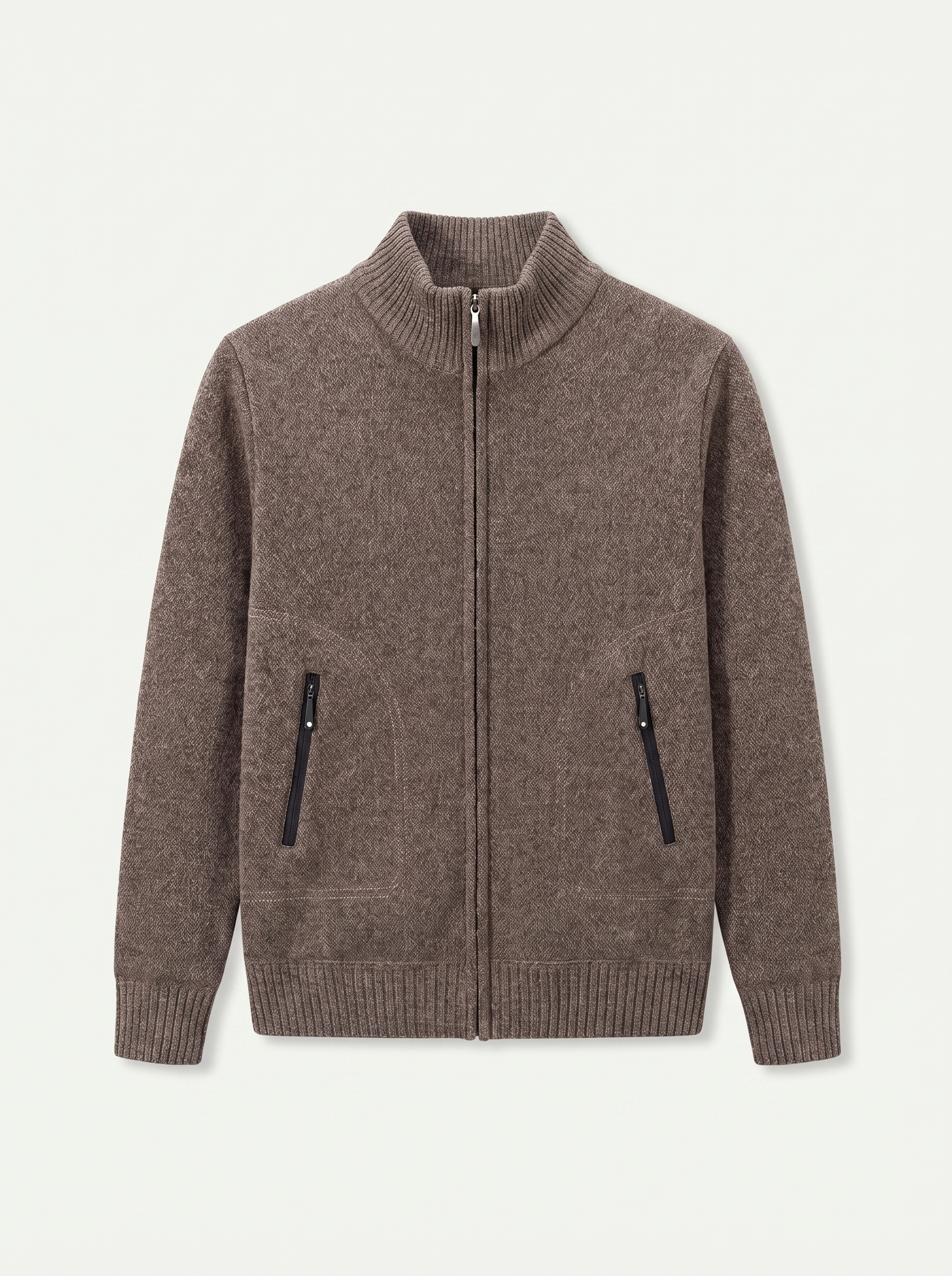 Brown melange zip-up stand collar cardigan with zipped pockets, flat lay product photo — Alban by Aveloire