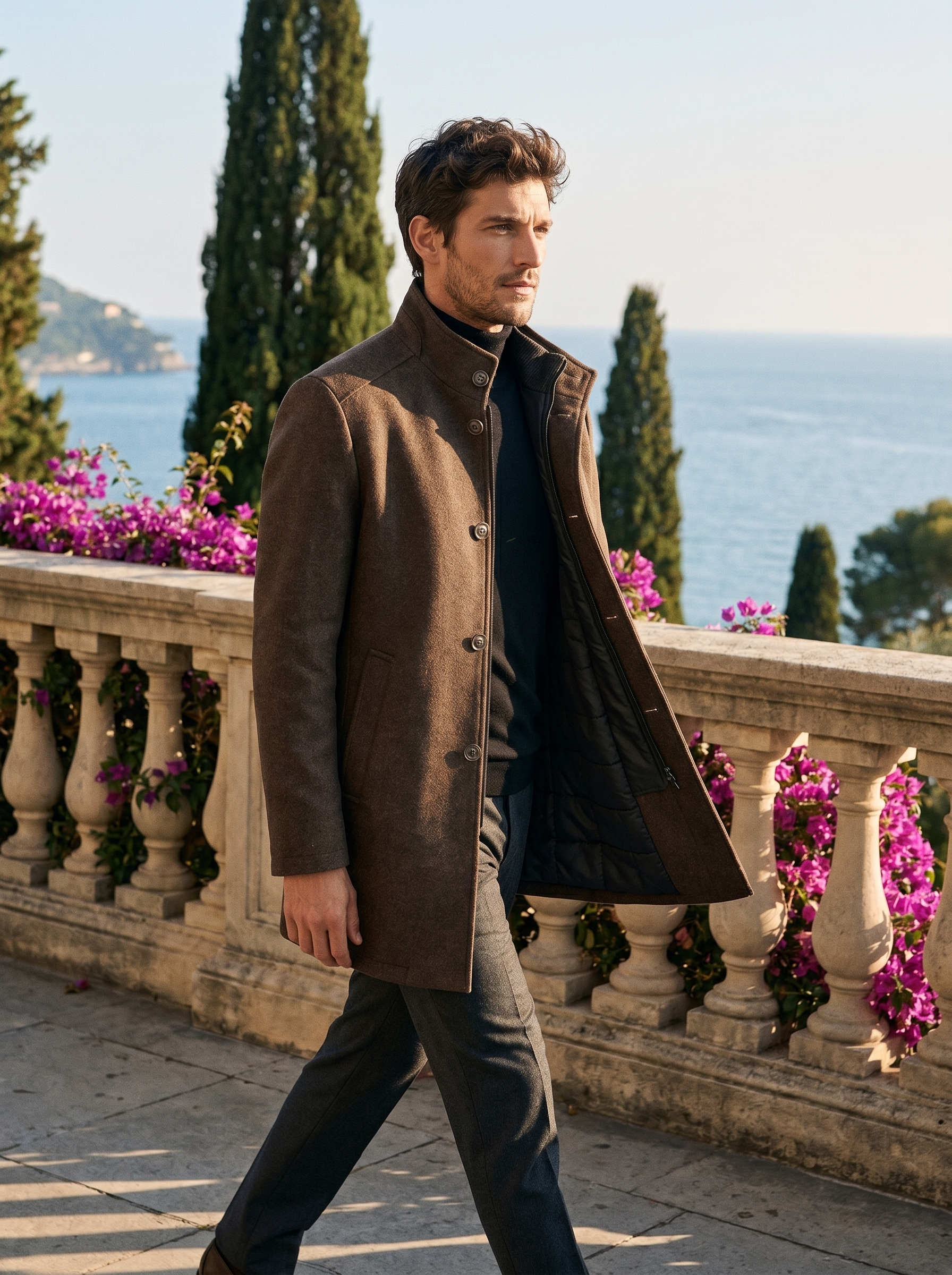 Brown overcoat with removable gilet for men, full length front view — Aveloire
