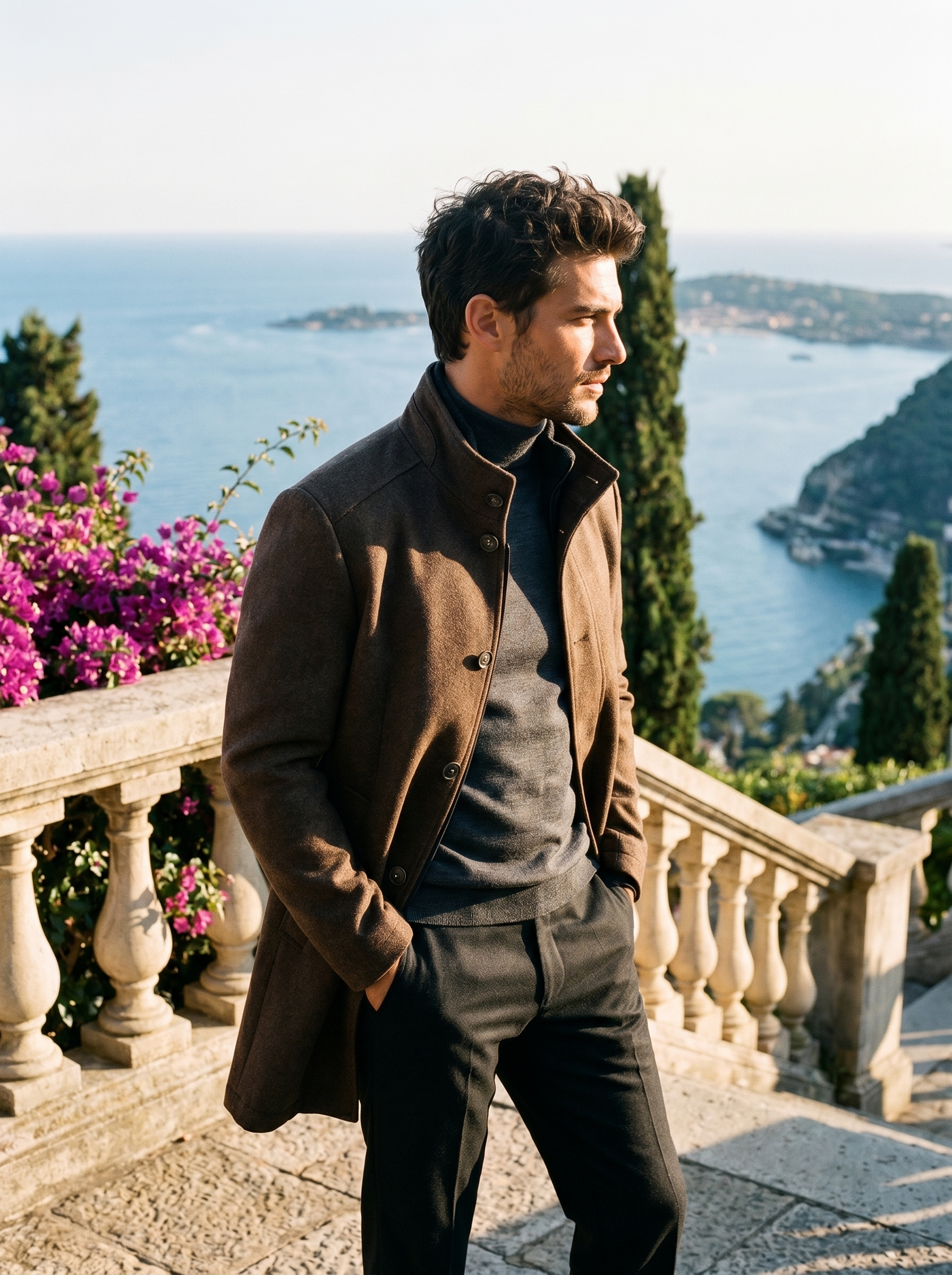 Brown overcoat with removable gilet for men, side profile view — Aveloire
