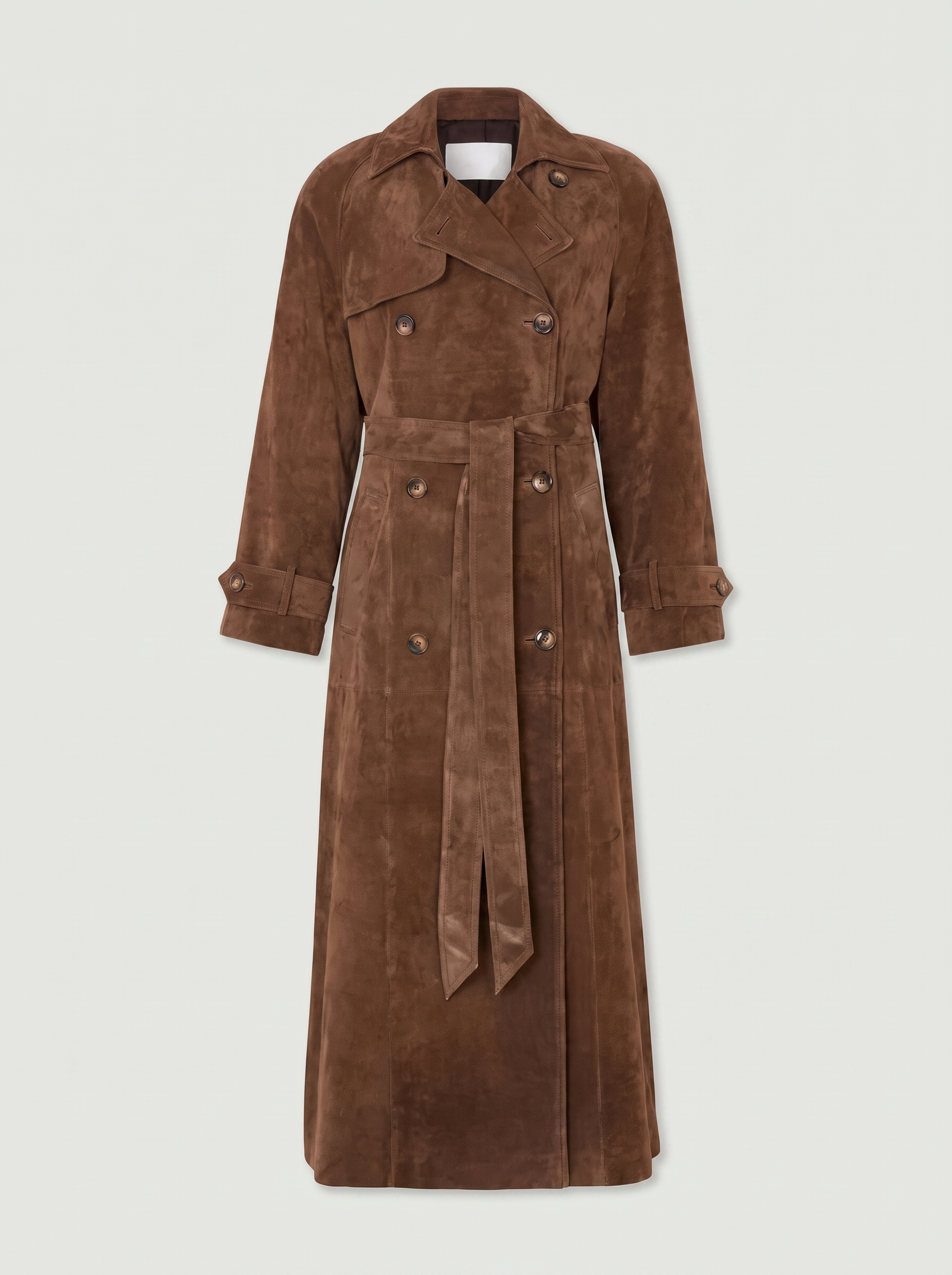 Brown suede trench coat flat lay product photo — Arizonia by Aveloire