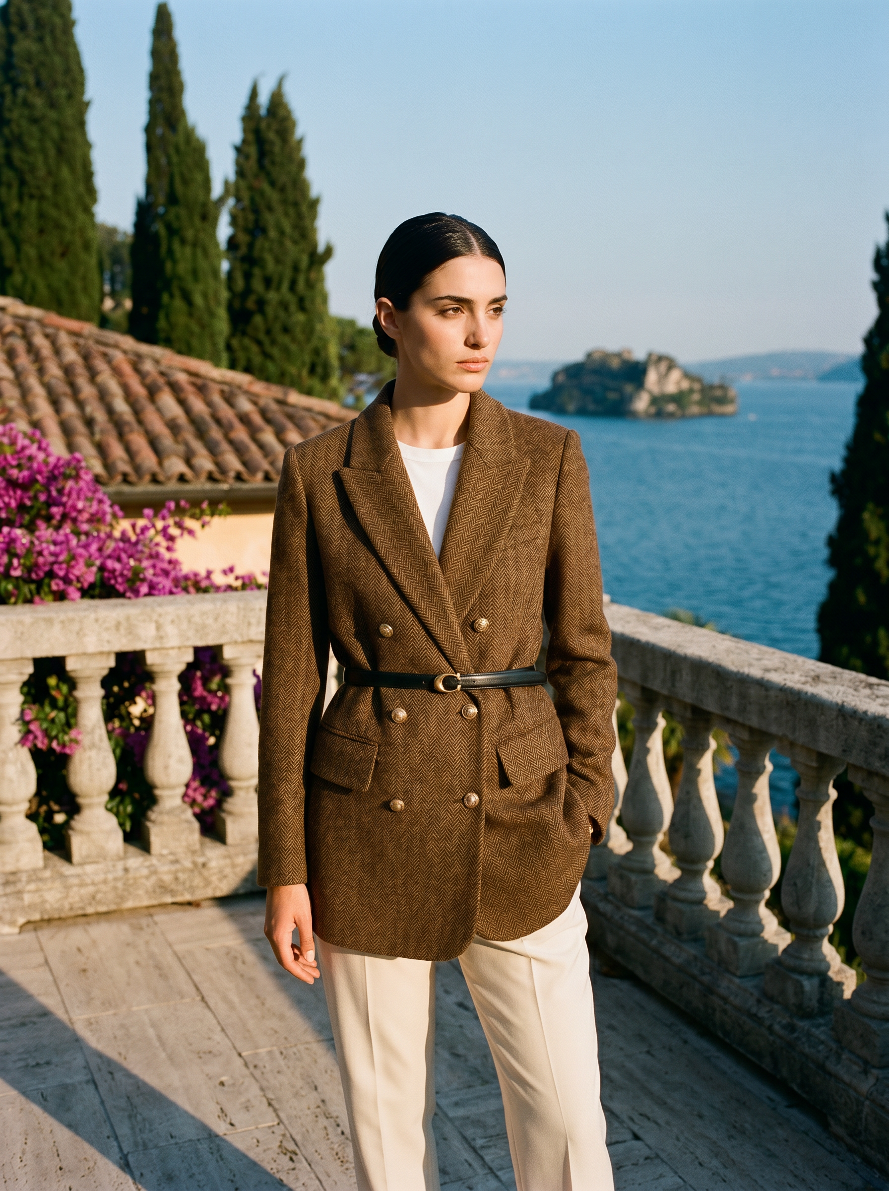 Woman in a belted brown tweed blazer, full-length front view on a Lake Como terrace — Aveloire