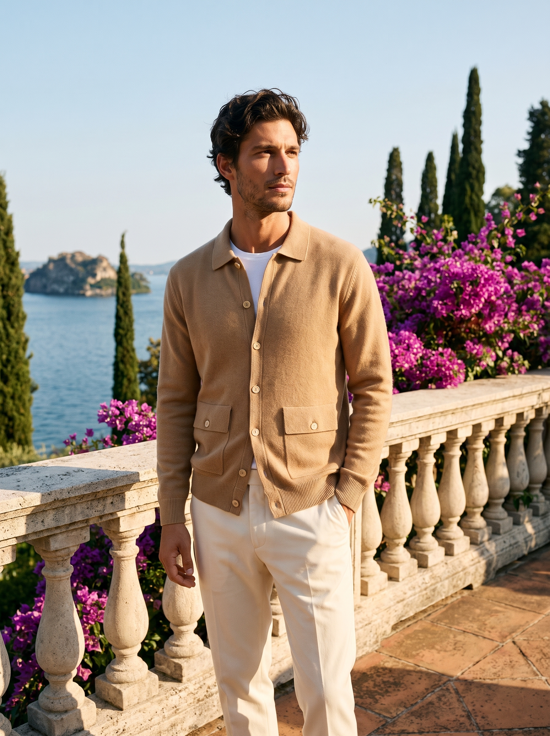 Full body view of a man in a camel cashmere collared cardigan and cream trousers on a Lake Como terrace — Aveloire