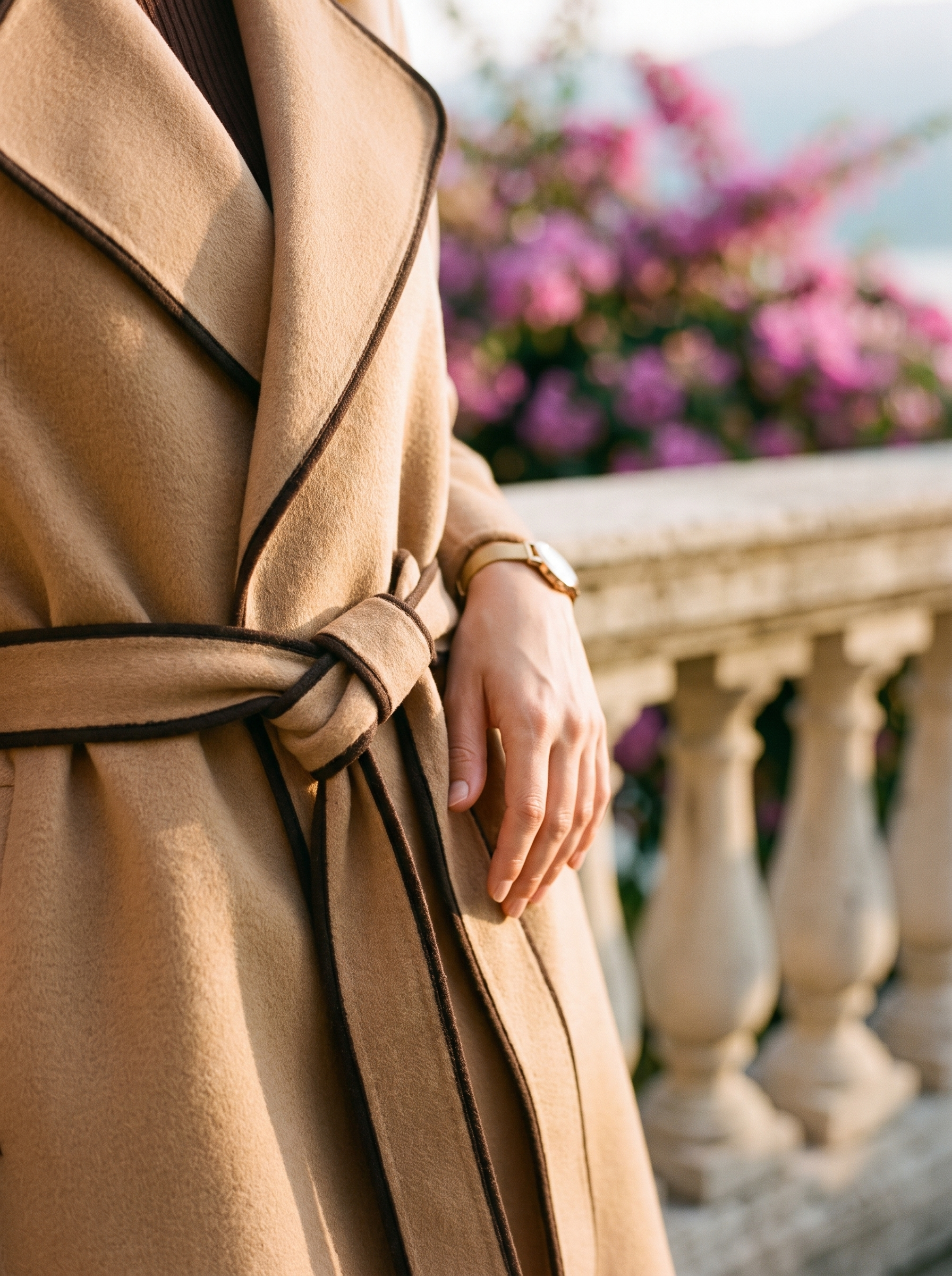 Close-up of the contrast piping on a camel wool wrap coat — Aveloire