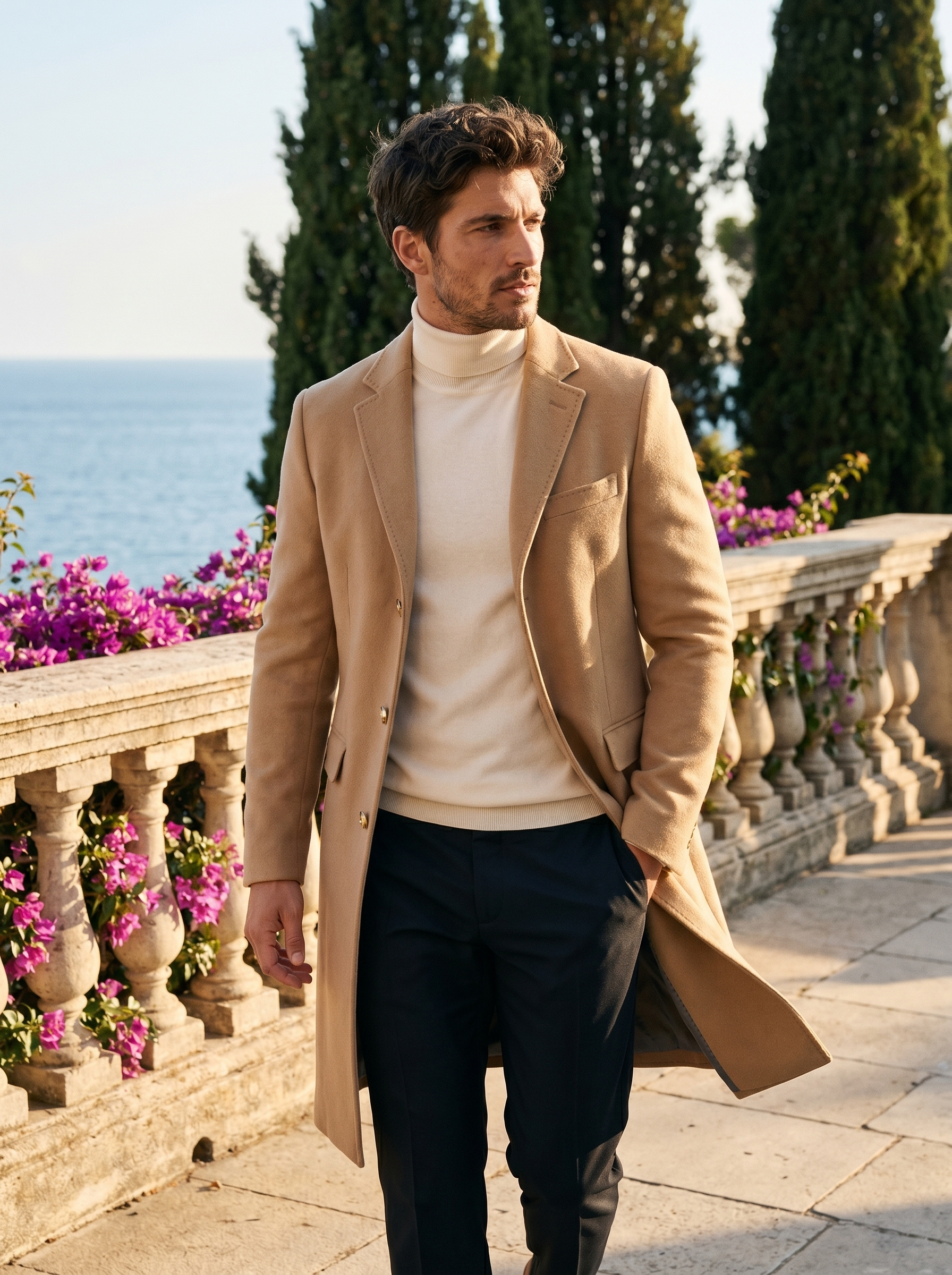 Camel single breasted overcoat for men, full length front view — Aveloire