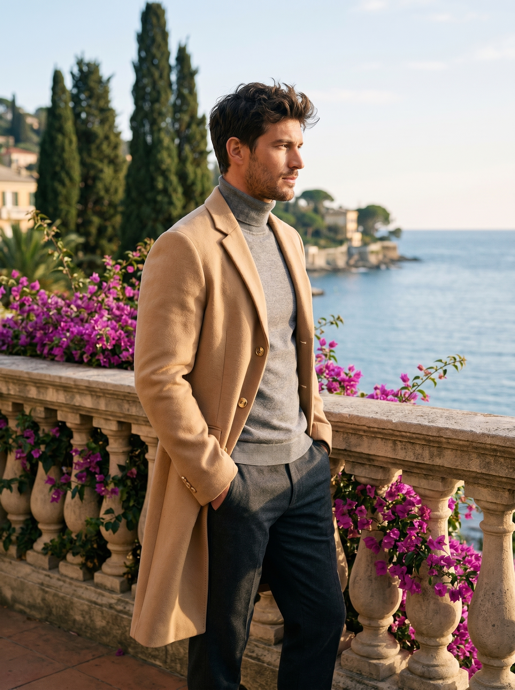 Camel single breasted overcoat for men, side profile view — Aveloire