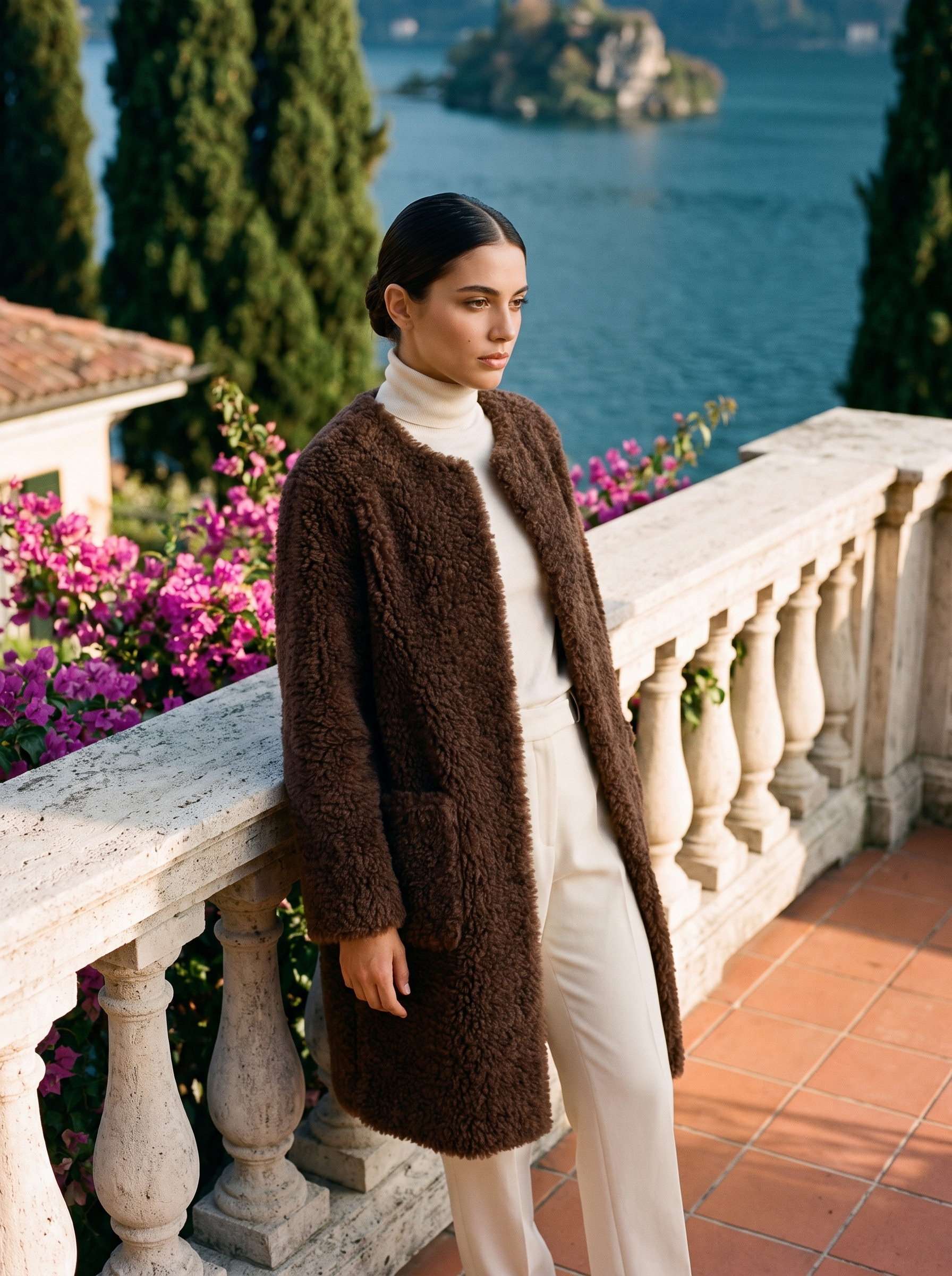 Full-length front view of a coffee-brown shearling teddy coat on a Lake Como terrace — Aveloire