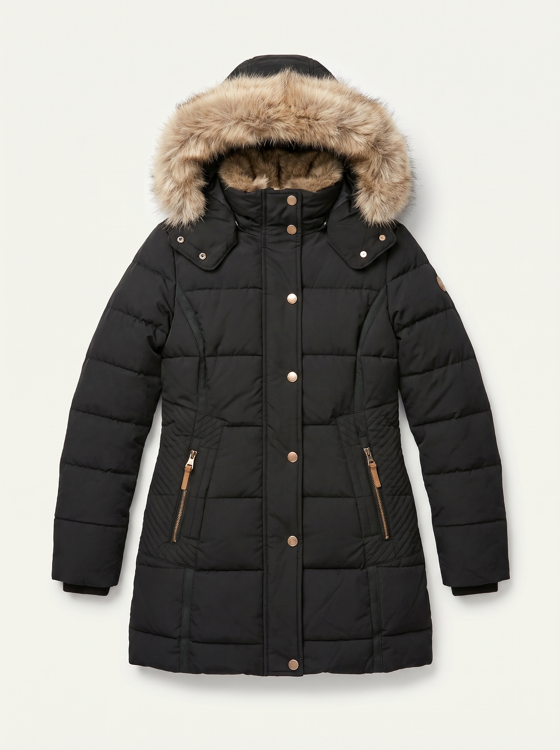 Black long puffer coat for women, flat lay — Aveloire