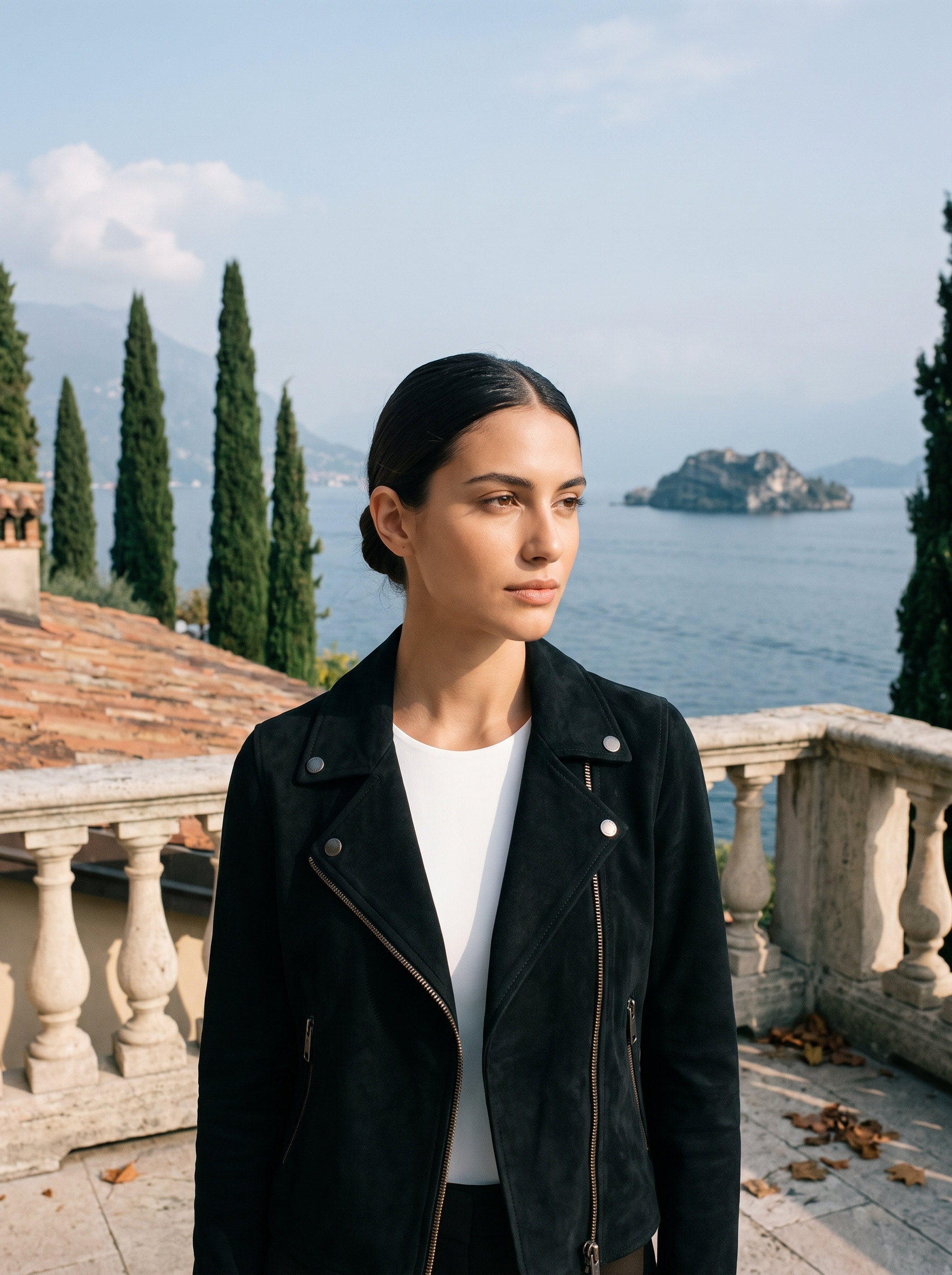 Black suede jacket for women, cropped moto biker worn on a Lake Como terrace — Aveloire