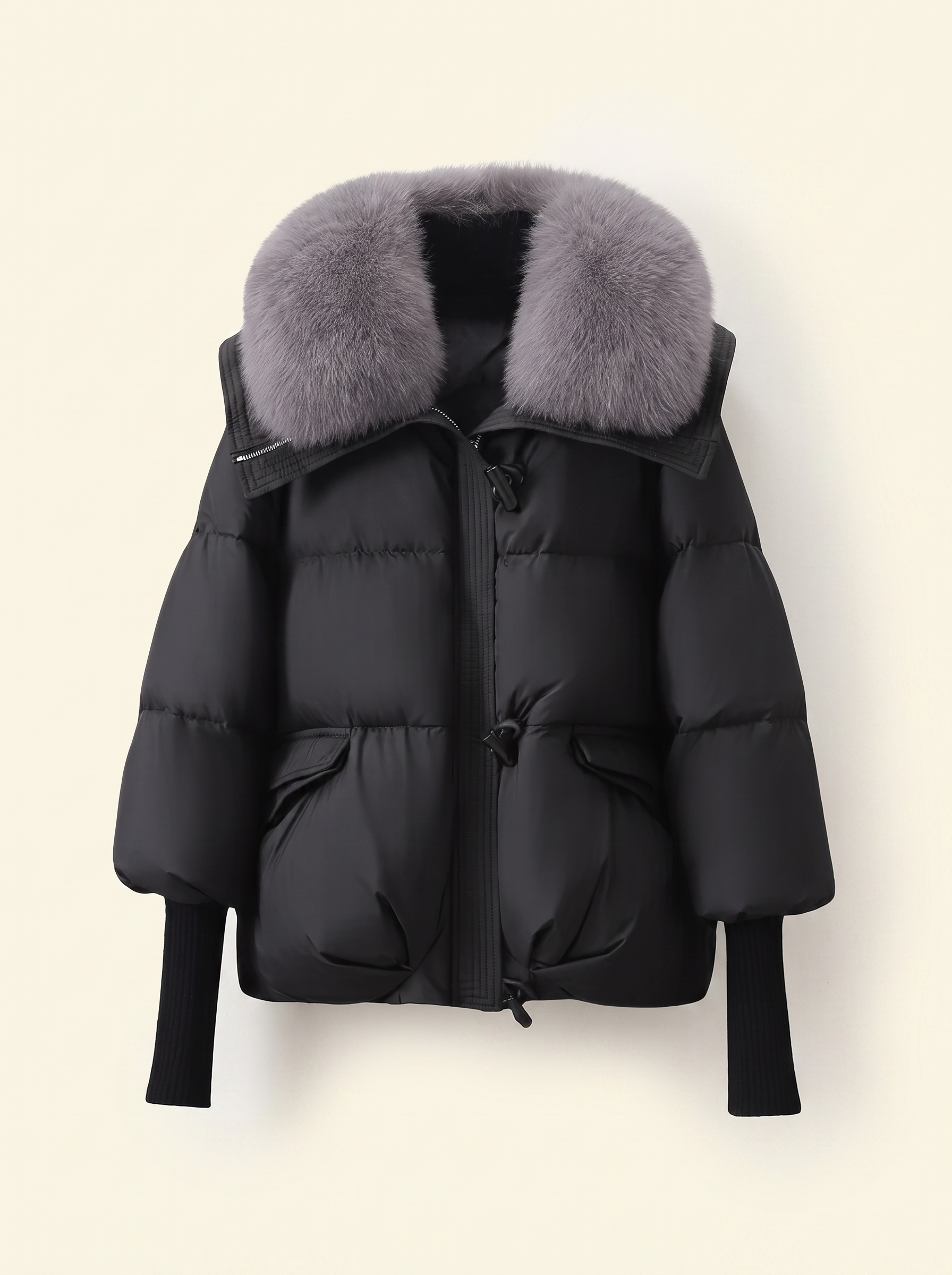 Black faux fur collar puffer jacket for women, flat lay — Aveloire