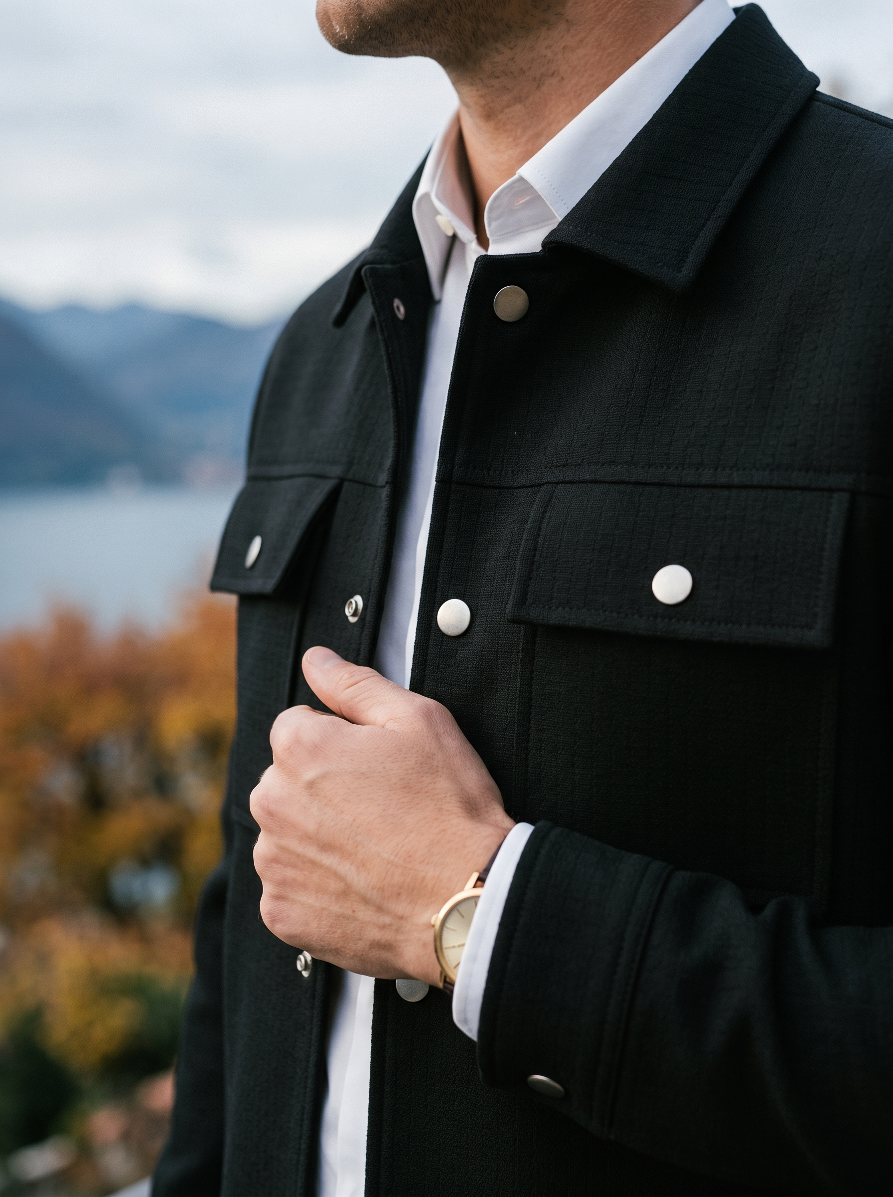Close-up of the lapel collar and metal snap front on the black shirt jacket — Aveloire