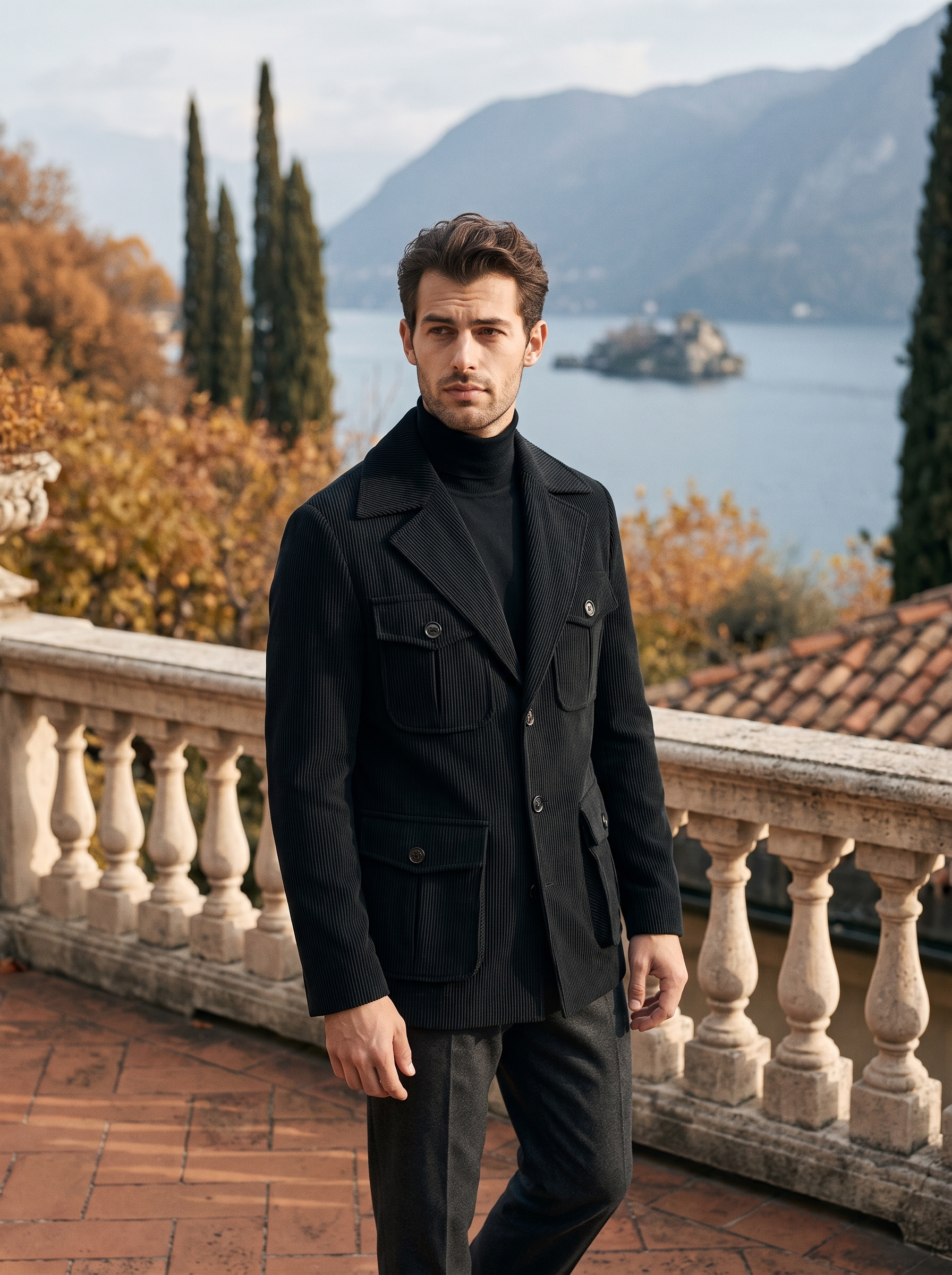 Black corduroy jacket for men, notched lapel collar shown on model — Aveloire