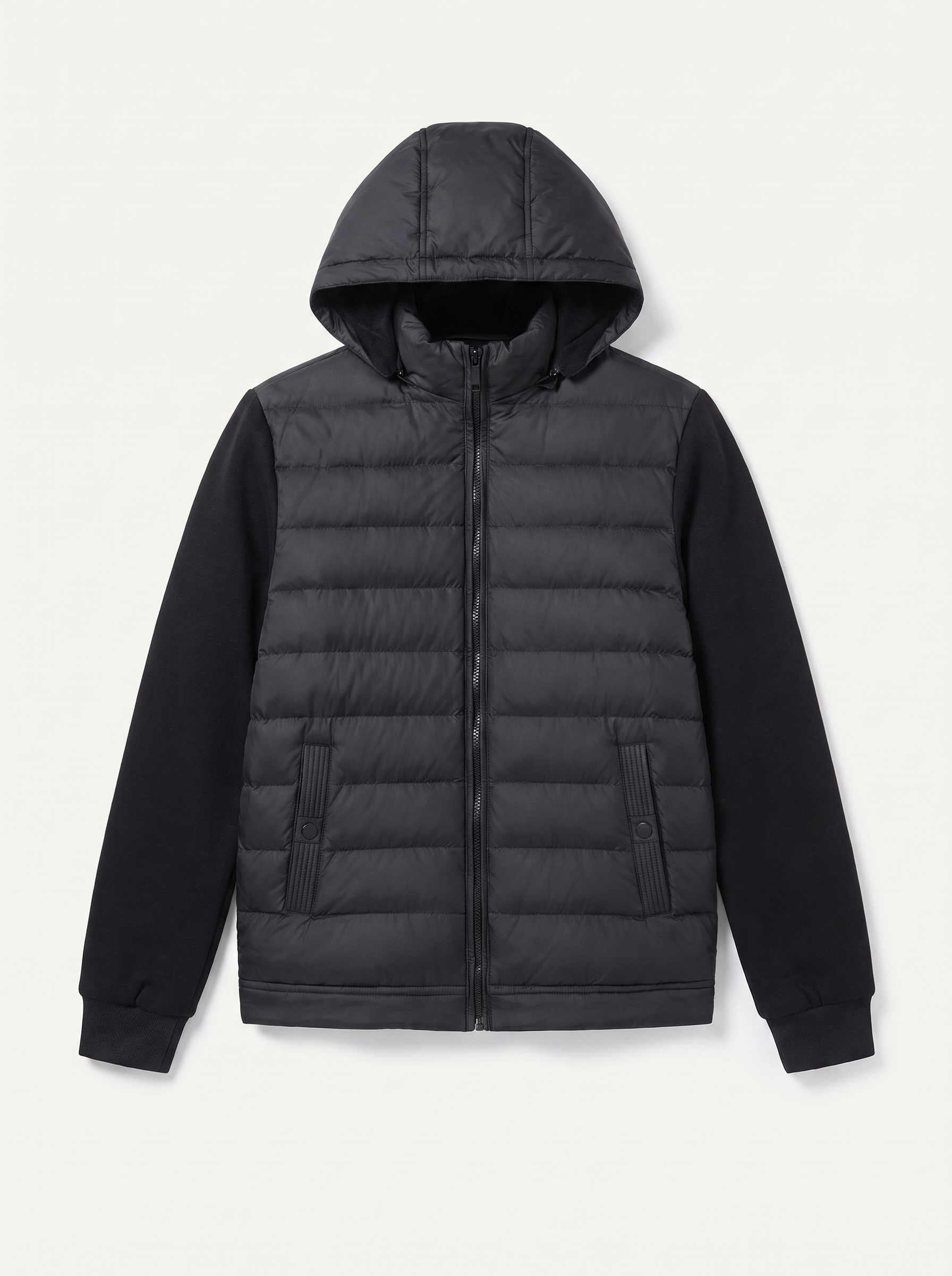 Black down puffer jacket for men, flat lay — Aveloire