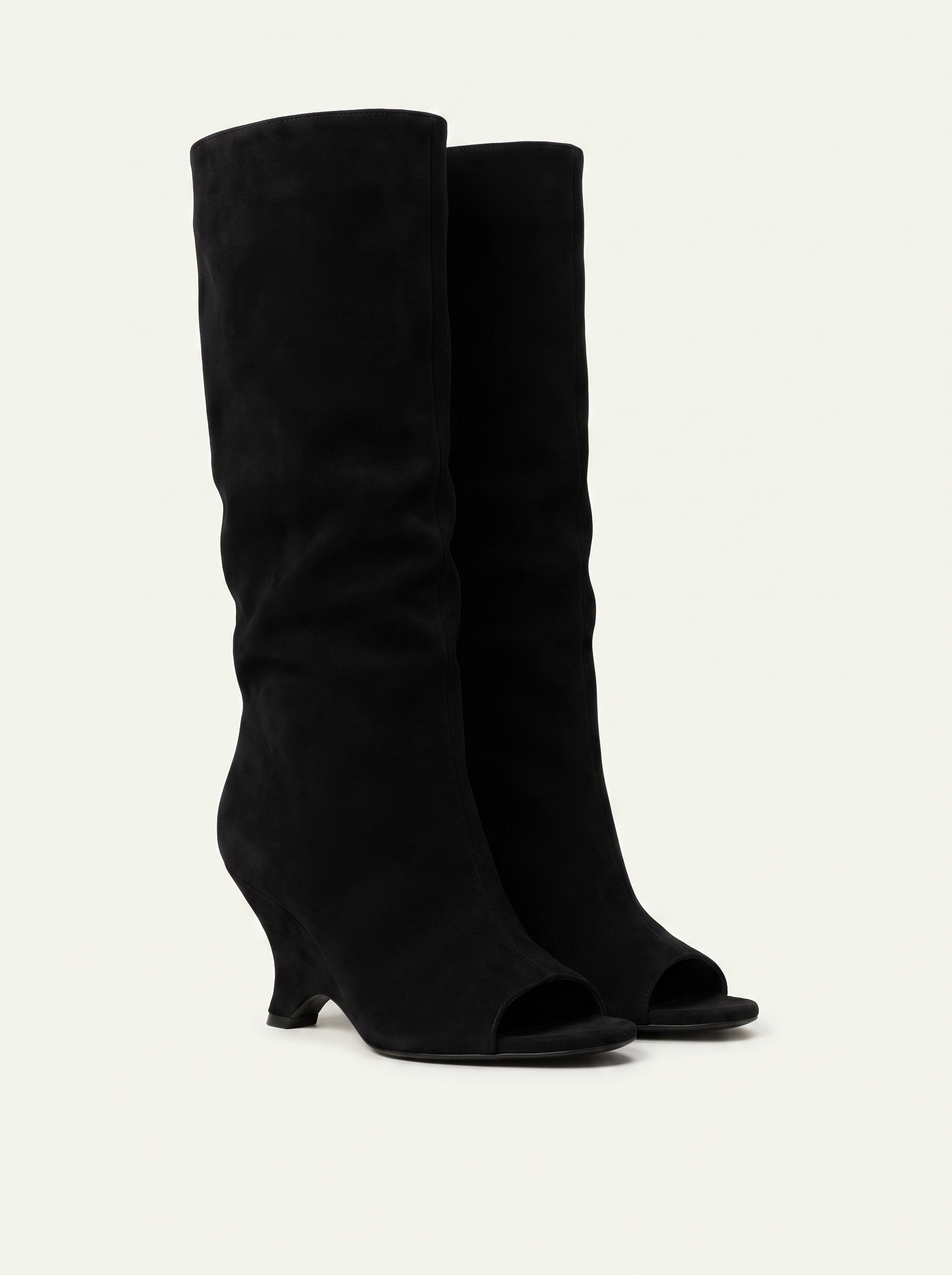 Black peep toe knee high boots for women, product shot on a neutral background — Aveloire