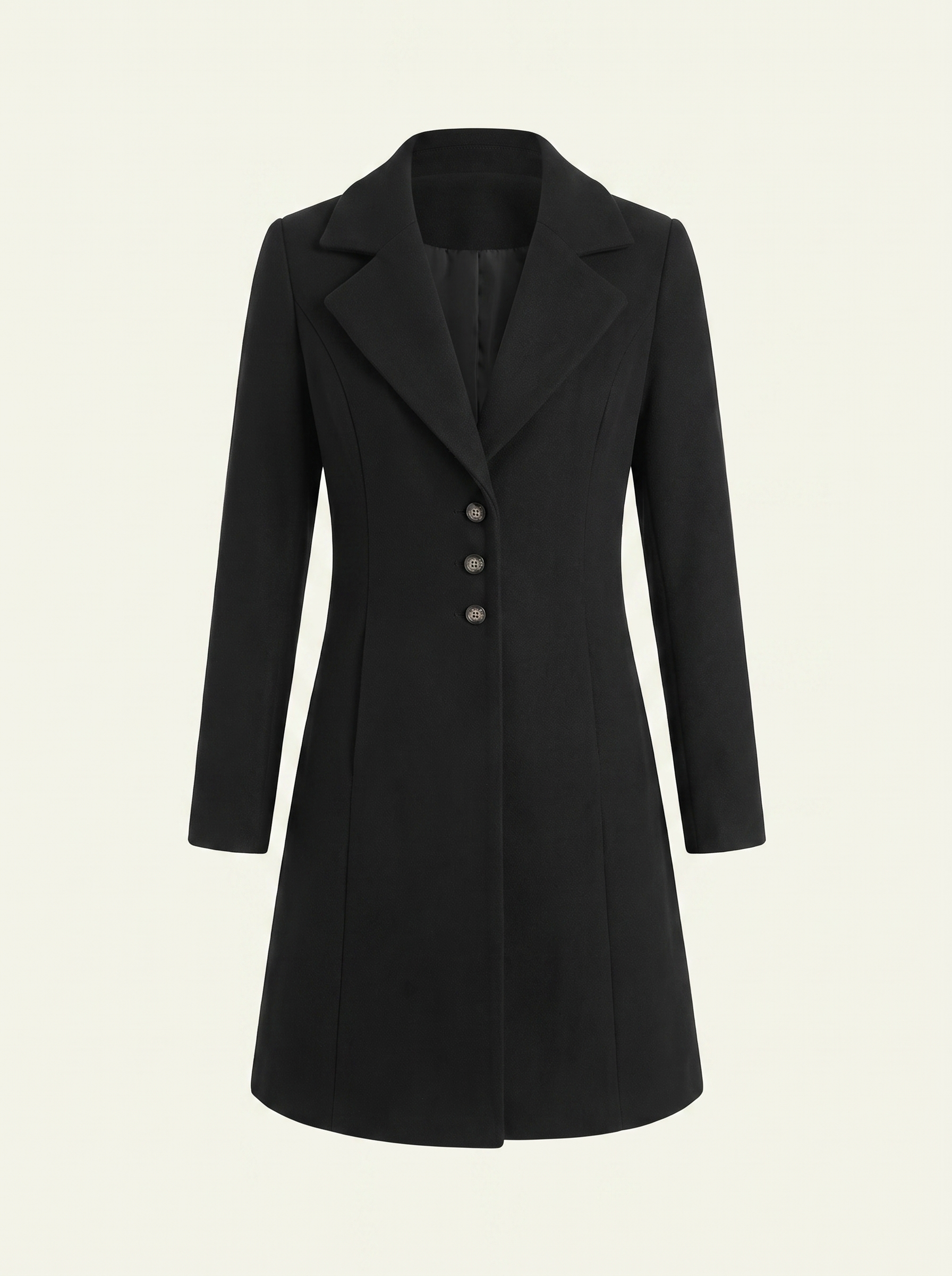 Black ladies overcoat, flat lay on a neutral background — Aveloire