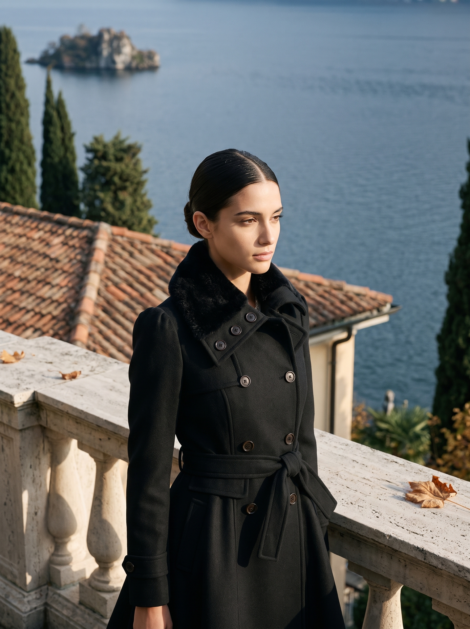 Black faux fur collar coat for women, worn on a Lake Como terrace — Aveloire