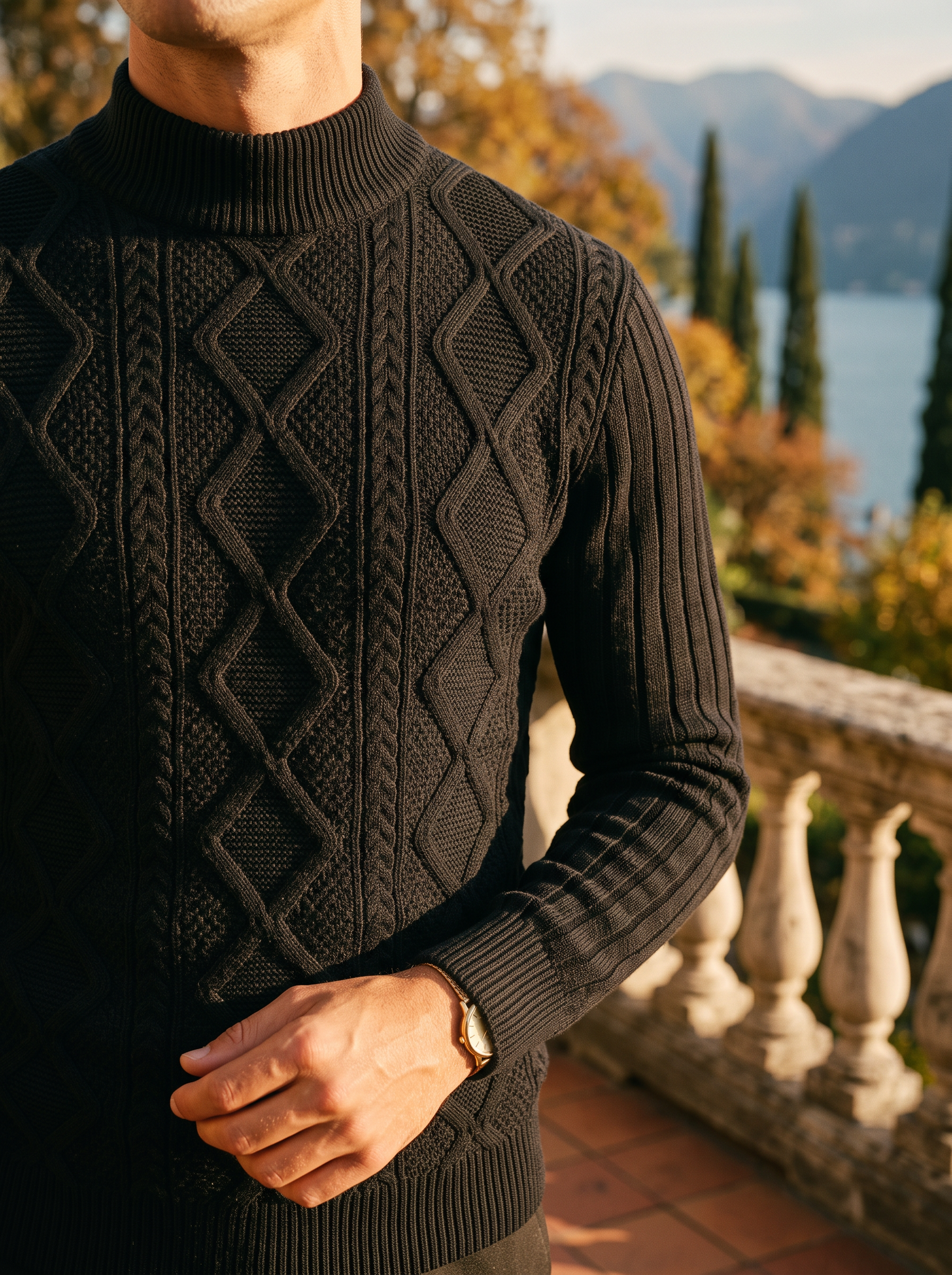 Close-up of the cable knit texture and ribbed cuff on a black mock neck sweater - Aveloire