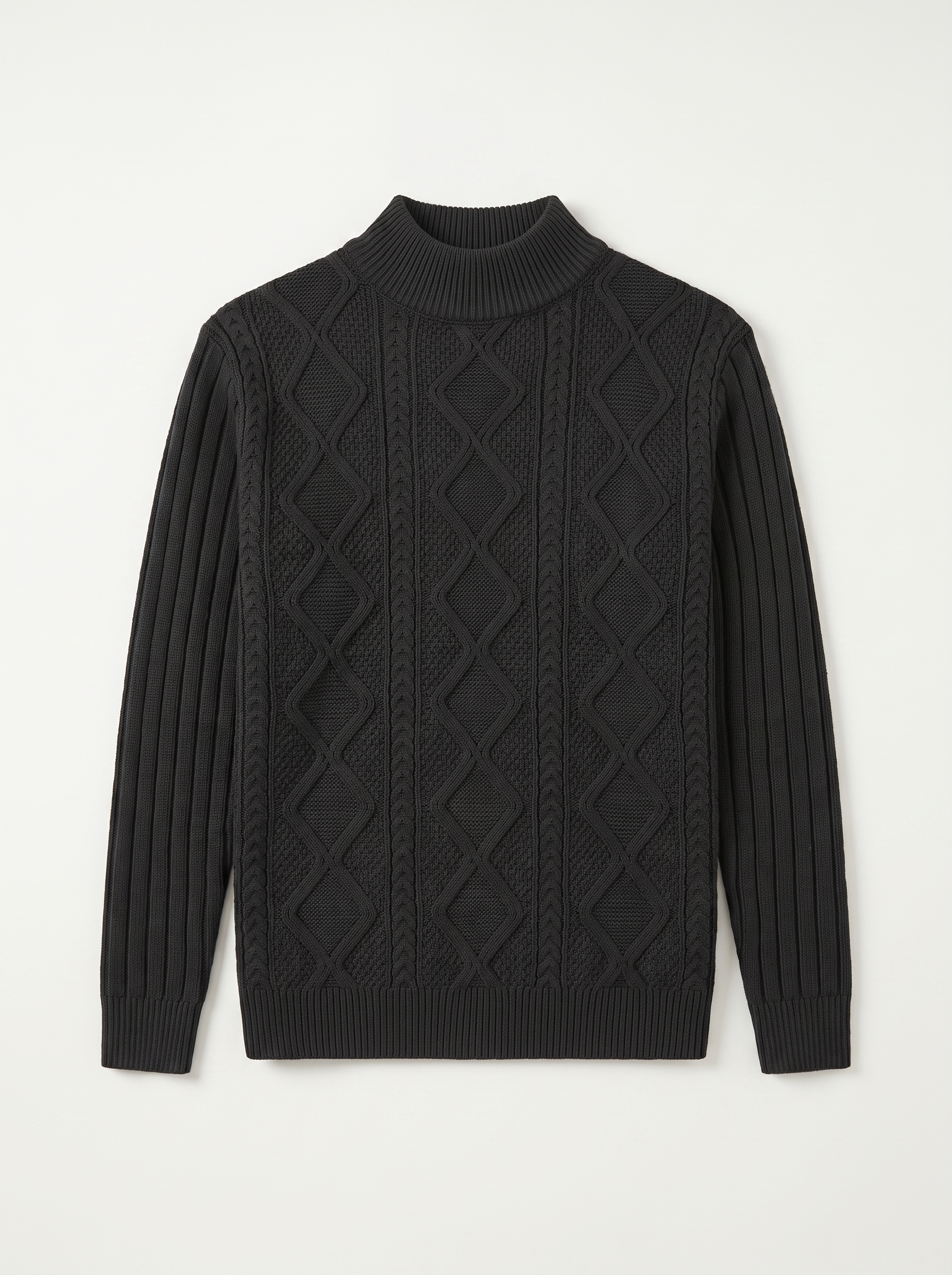 Black cable knit mock neck sweater flat lay product photo - Aveloire